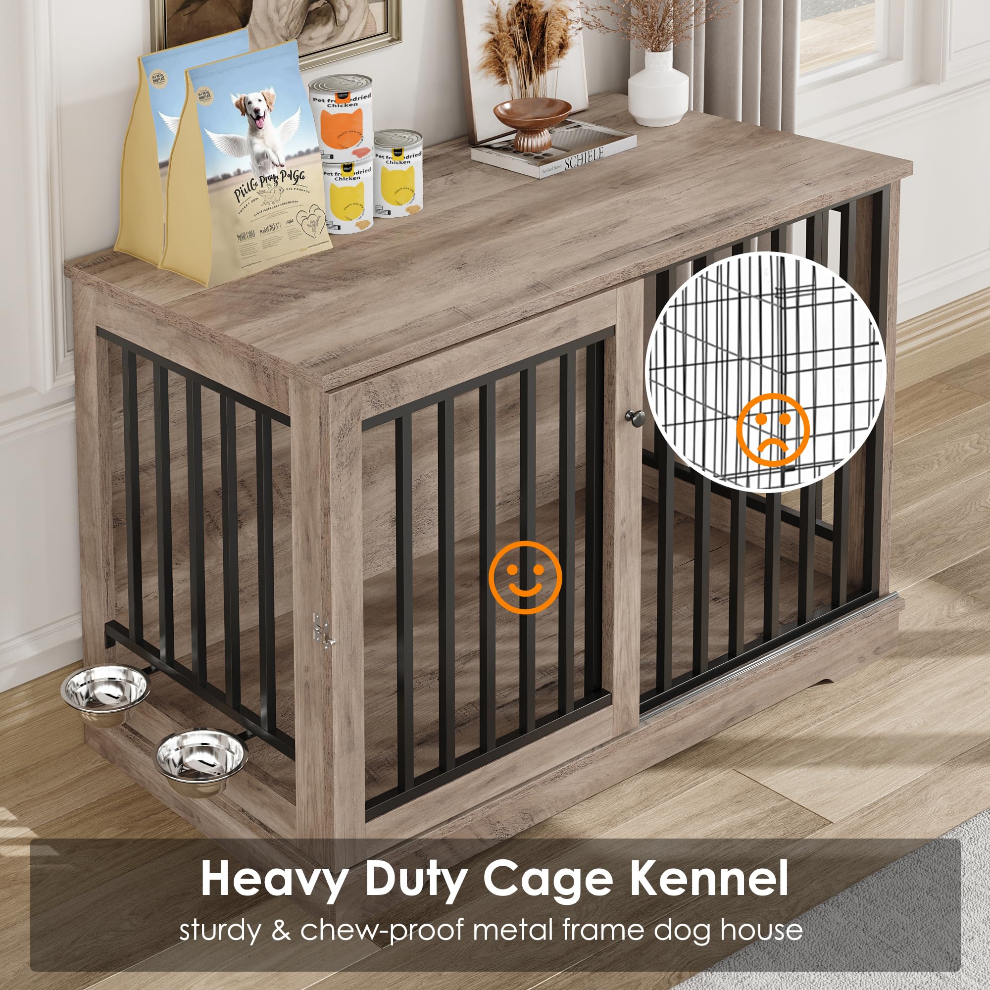 Dog Crate Furniture 47    Large Dog Kennel For Dogs Indoor, Heavy Duty Dog Cage With Sliding Door And 2 Sus Bowls Wooden End Tab