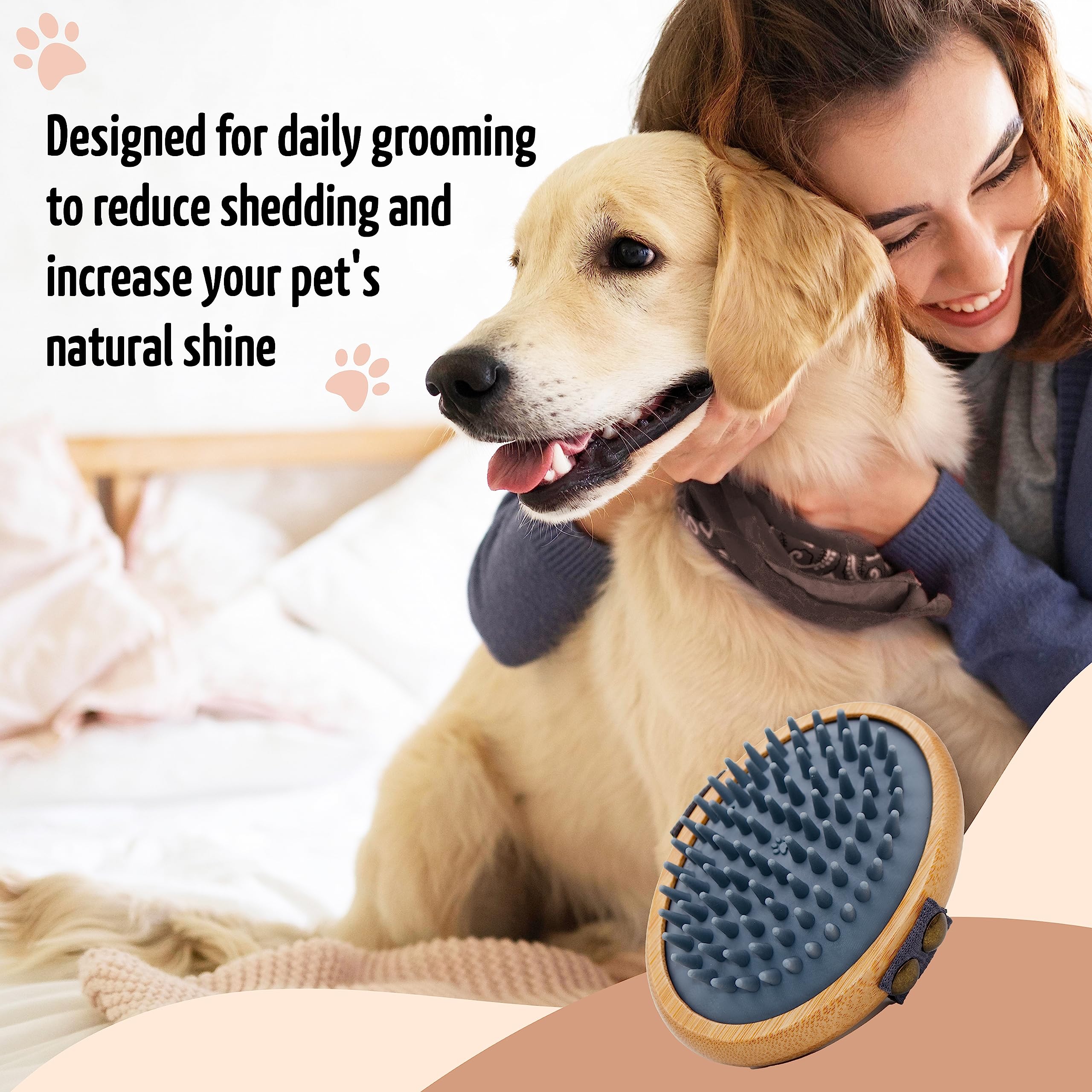 The Buddy System Rubber Pet Close Brush, Soft Touch Oval Palm Brush - Bamboo Massage Handheld With Rubber Bristles And Elastic B