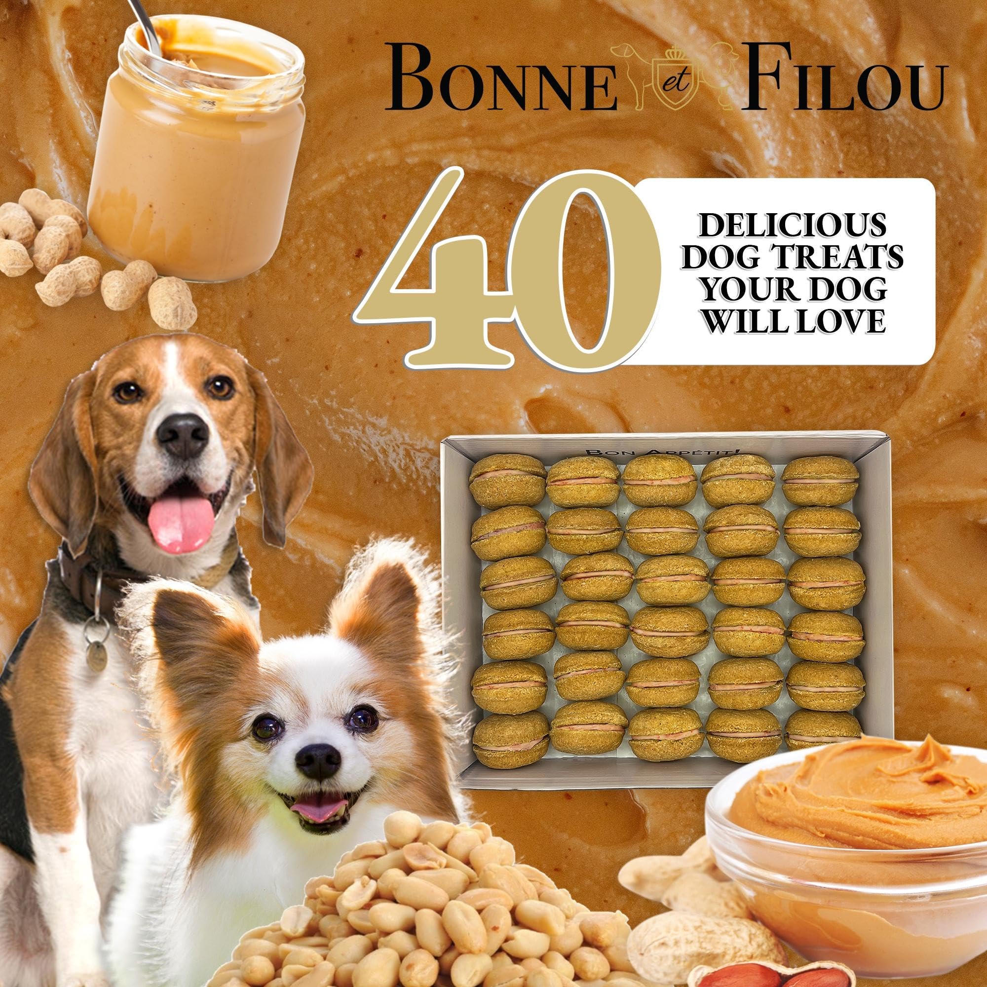 Bonne et Filou Dog Treats Peanut Butter Cupcakes - Gourmet Macaron Cakes, 40 Count Bulk Pack - Healthy & Delicious Human Grade S