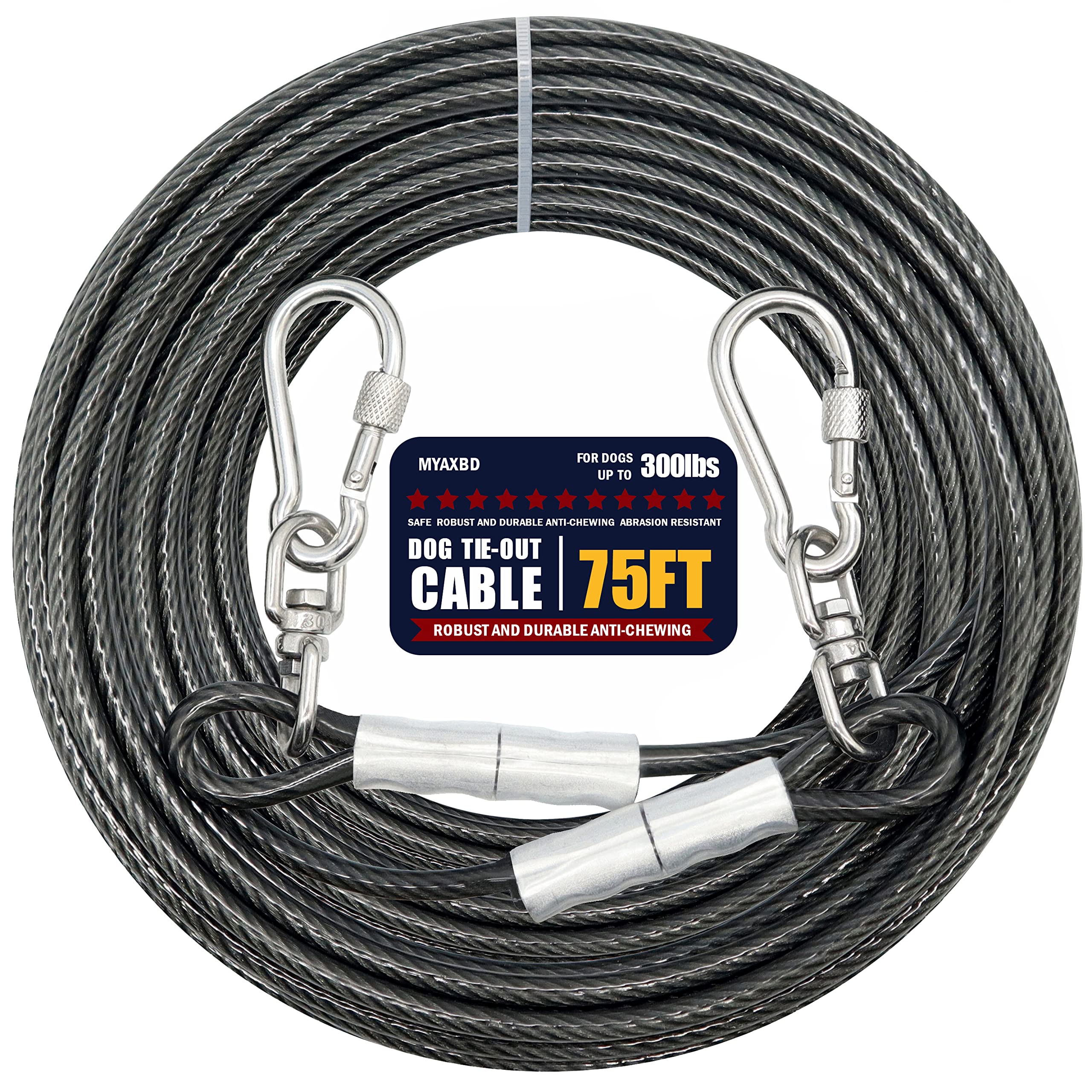 Myaxbd 75Ft Heavy Duty Tie Out Cable - Chew-Proof Long Dog Leash, Durable Dog Chain & Lead For Large Dogs, Outdoor Yard & Campin
