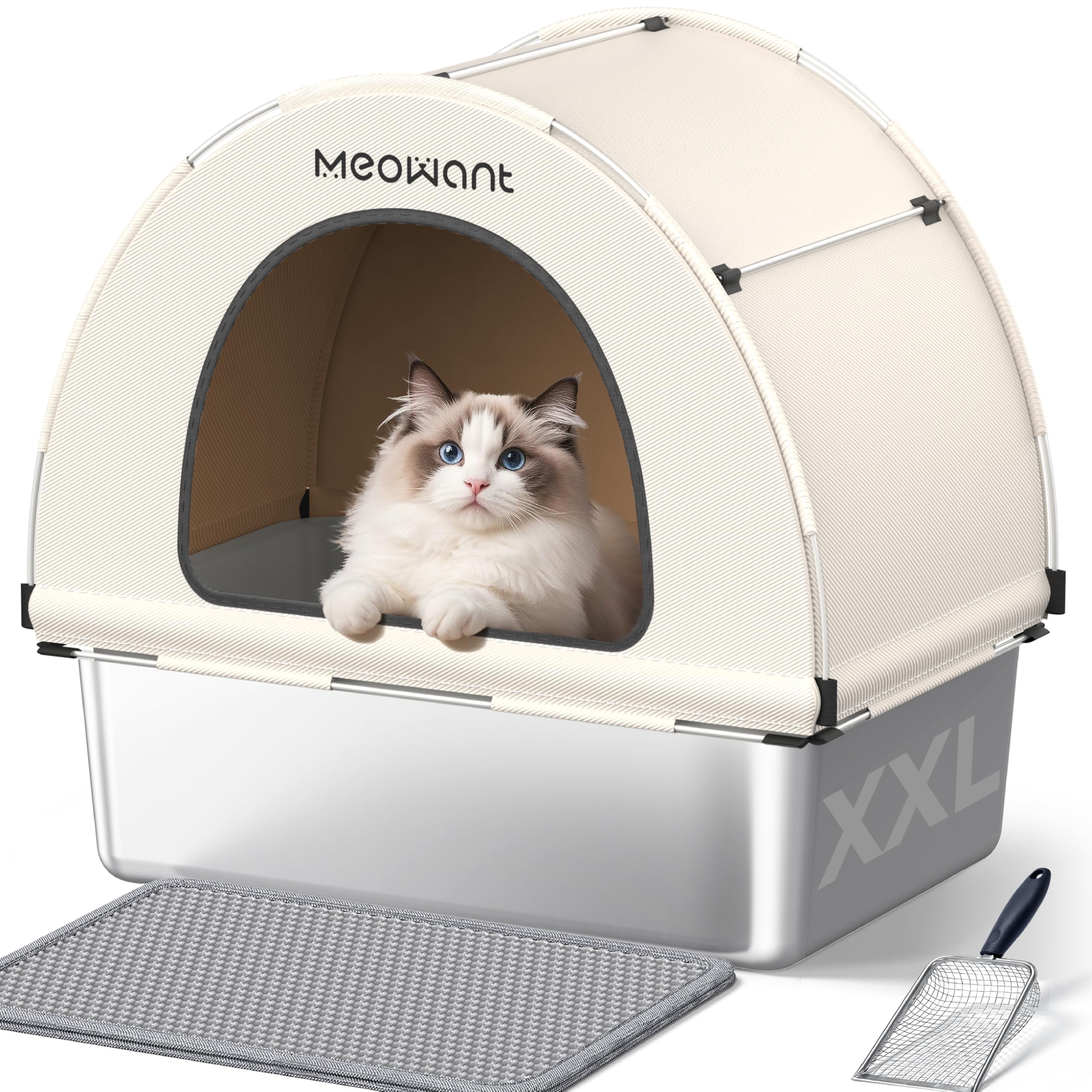 Meowant Stainless Steel Cat Litter Box With Lid, Extra Large Metal Litter Box With Diy Oxford Fabric Cover, Anti-Leakage & Non-S