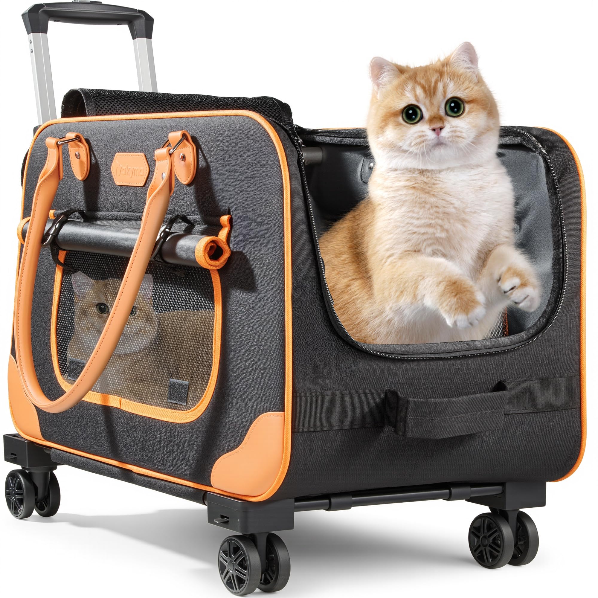 Large Cat Carrier With Wheels, Rolling Cat Carrier, 24''X 13.8''X 15.4'' Pet Carrier With Wheels For Large Cats Small Dogs Up To