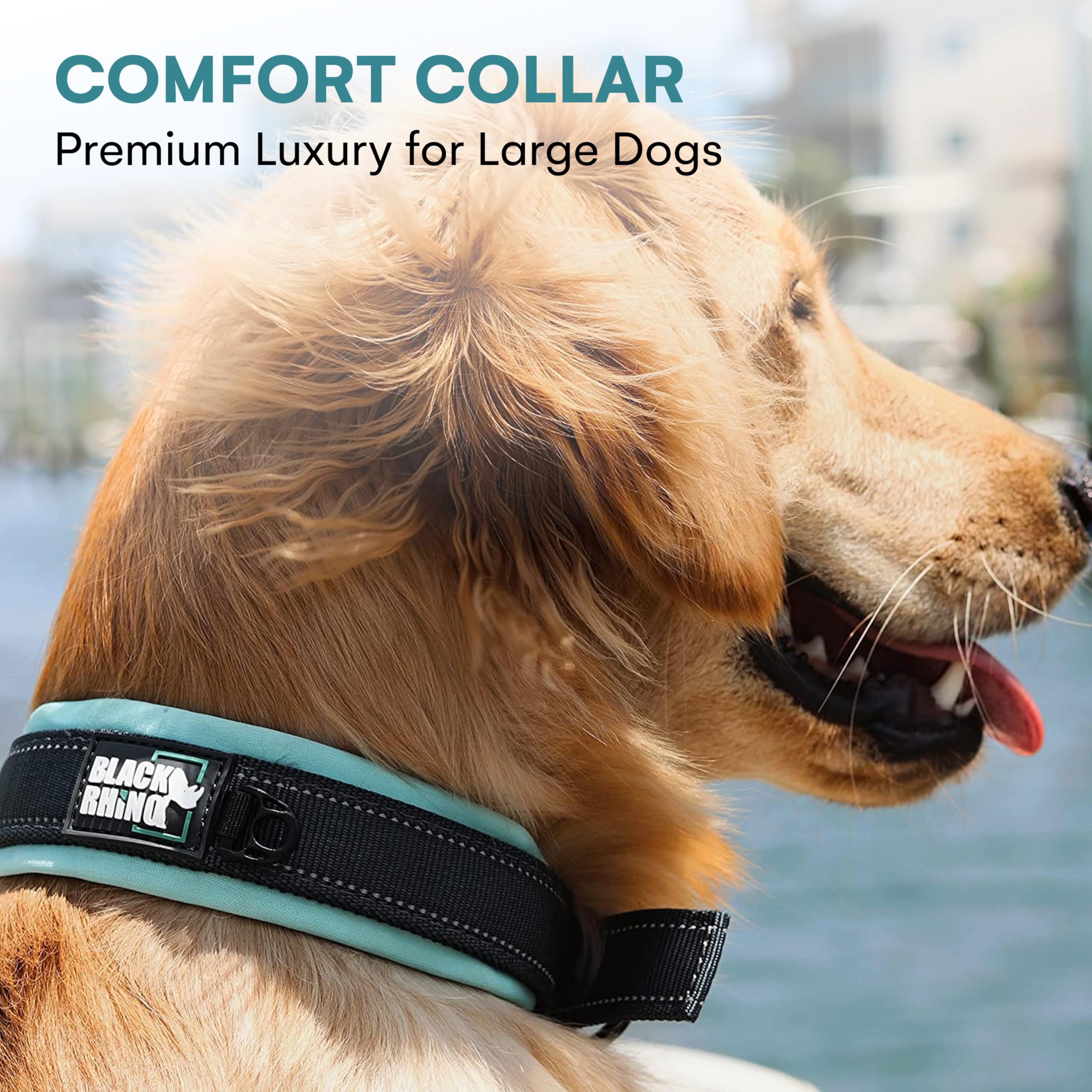 Black Rhino Comfort Collar - Ultra Soft Neoprene Padded Dog Collar for Large Dogs, Heavy Duty, Adjustable, Reflective, Weatherproof, Blue/Grey