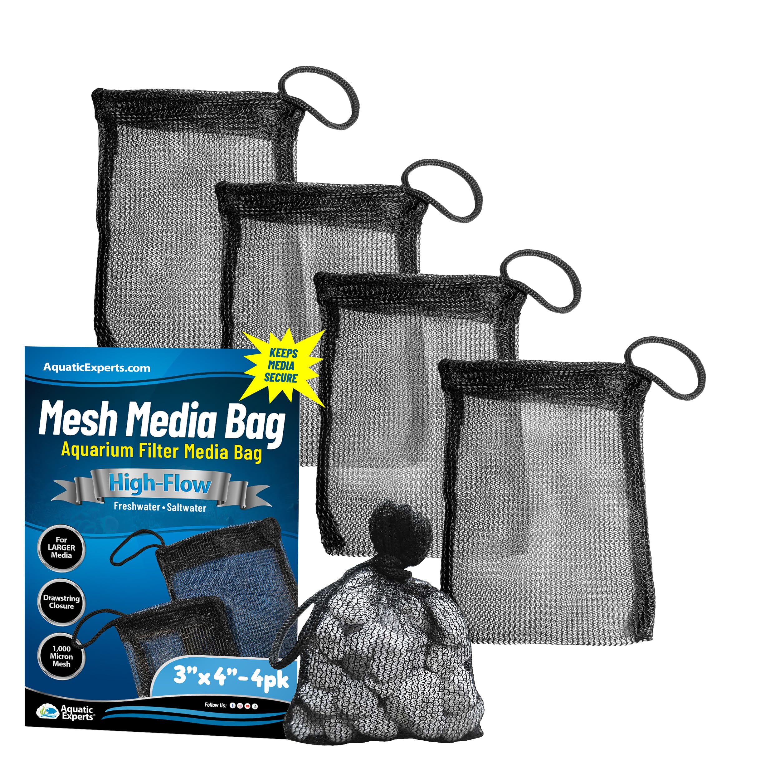 Aquatic Experts High Flow Filter Media Bag - Secure Filter Bags For Fish Tank And Pond, 3'' X 4'' - 4 Pack