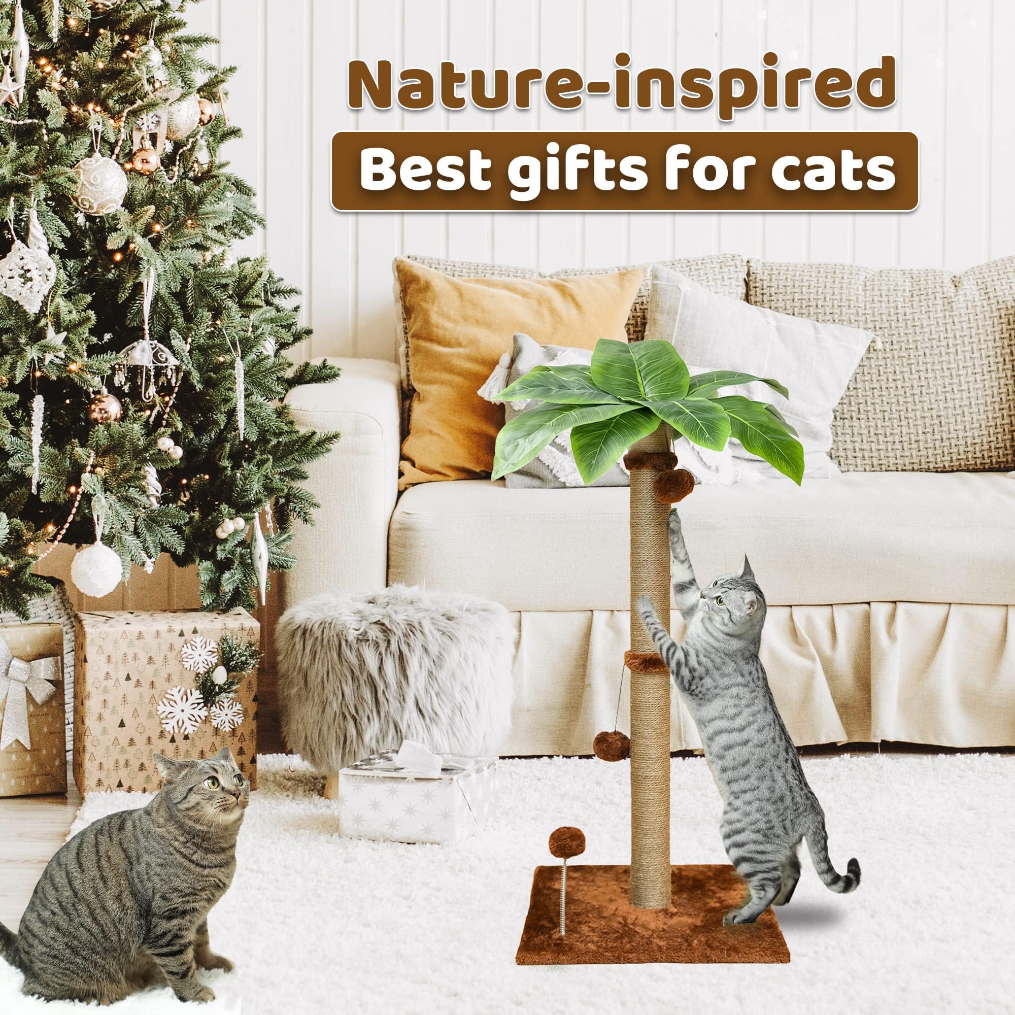 34'' Cat Scratching Post For Average Cats, Brown Palm Cat Tree, Cat Scratcher For Indoor Cats With Hanging Toy Balls For Large C