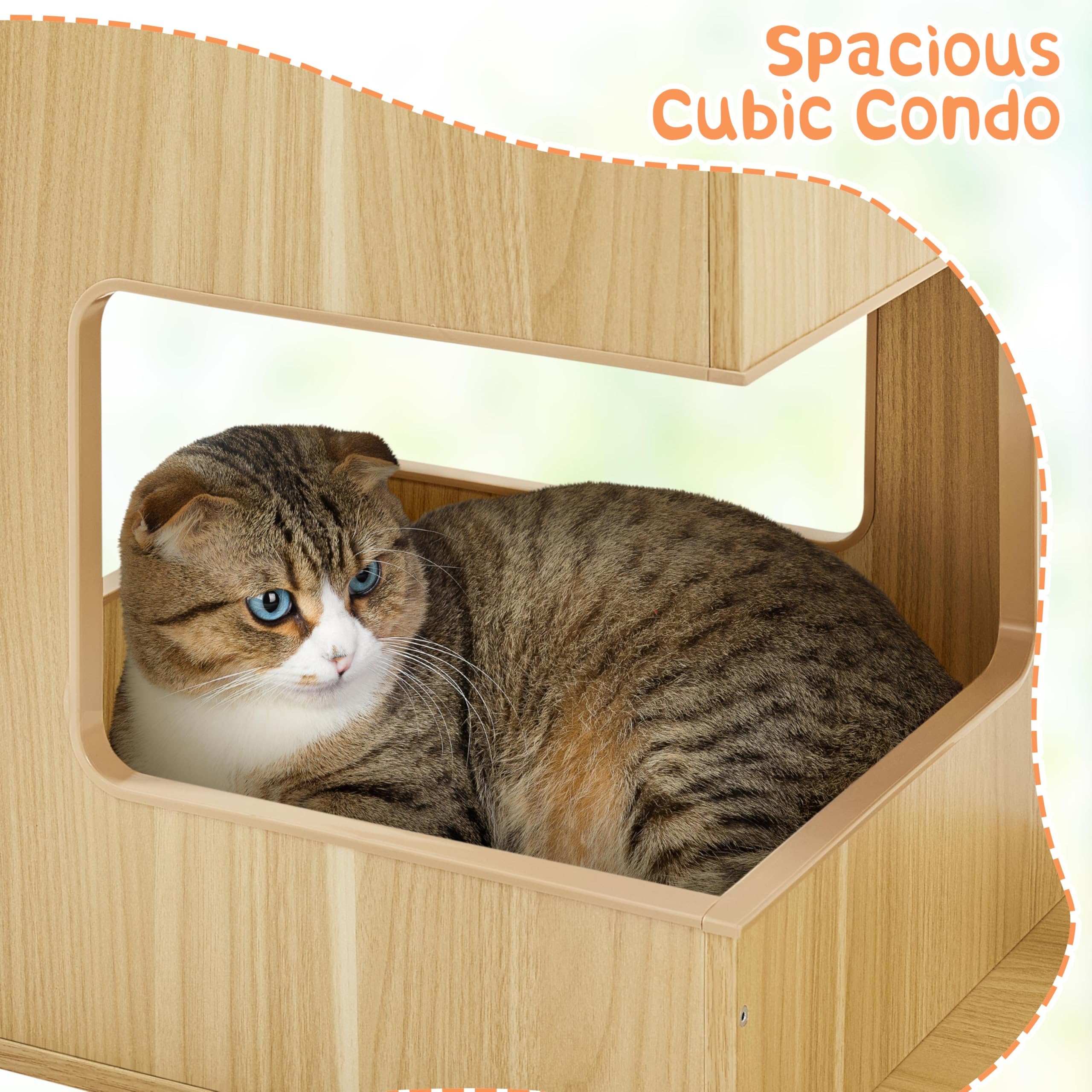 Yaheetech 53in Modern Wooden Cat Tree with Transparent Bowl Condo, Spring Balls & Fully Wrapped Sisal Scratching Posts - Large W