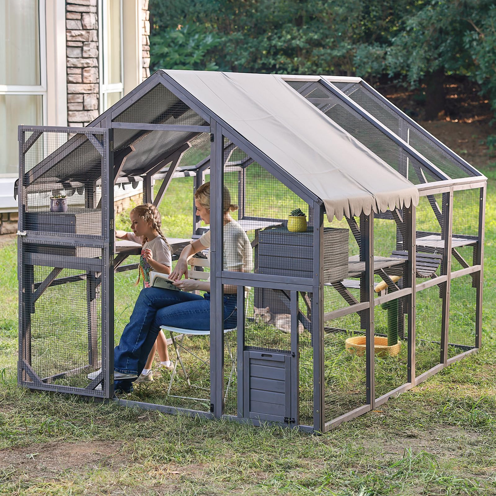 Aivituvin Catio For Multiple Cats, Large 56.54Ft Outdoor Enclosure, Weatherproof W/ 2 Bridges, 7 Trails, 2 Houses, Grey