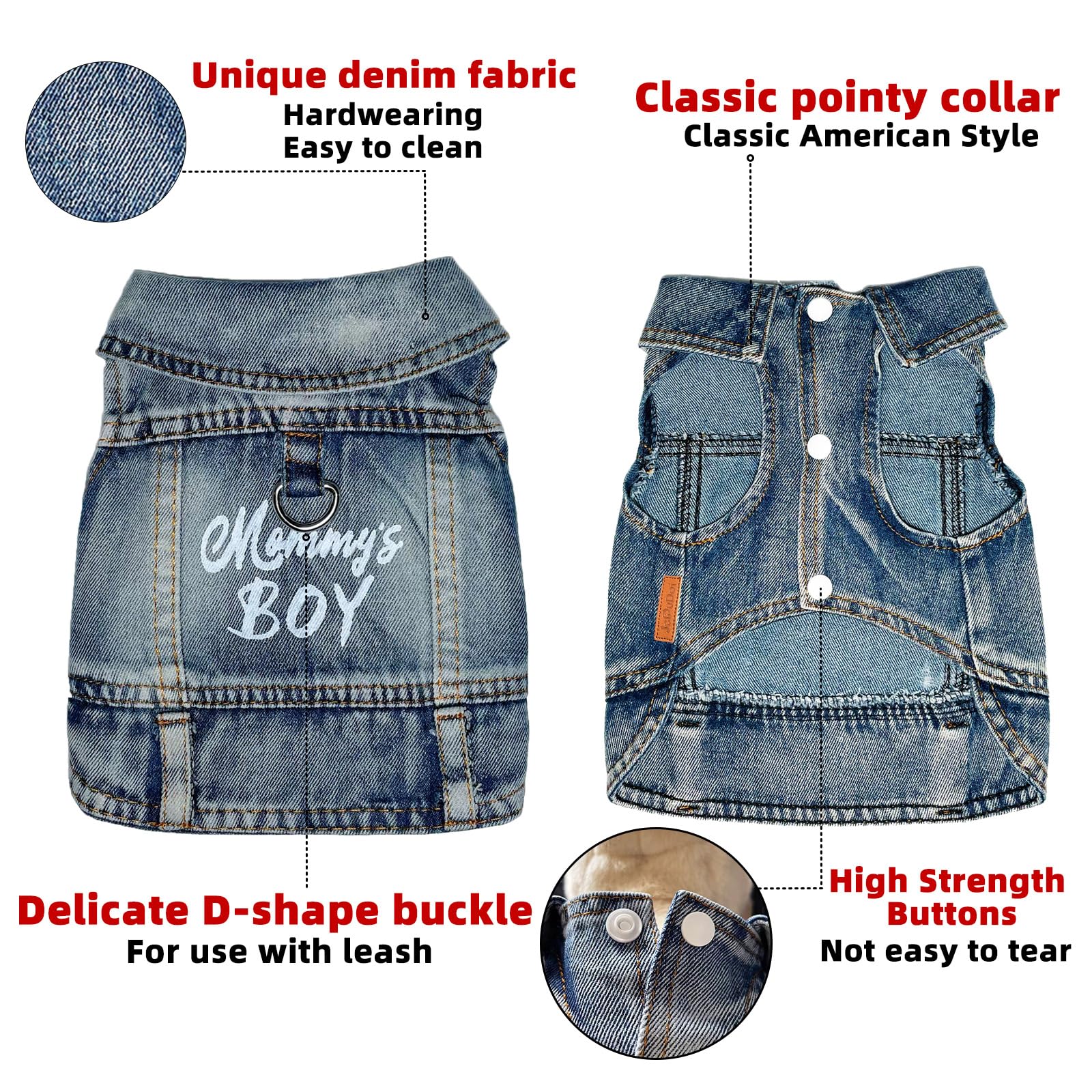 JcDuDoi Dog Jeans Jacket Mommys Boy Denim,Breathable Cotton Blue Pet Coat for Puppy Small Dogs Classic Overalls Male Cat Costum