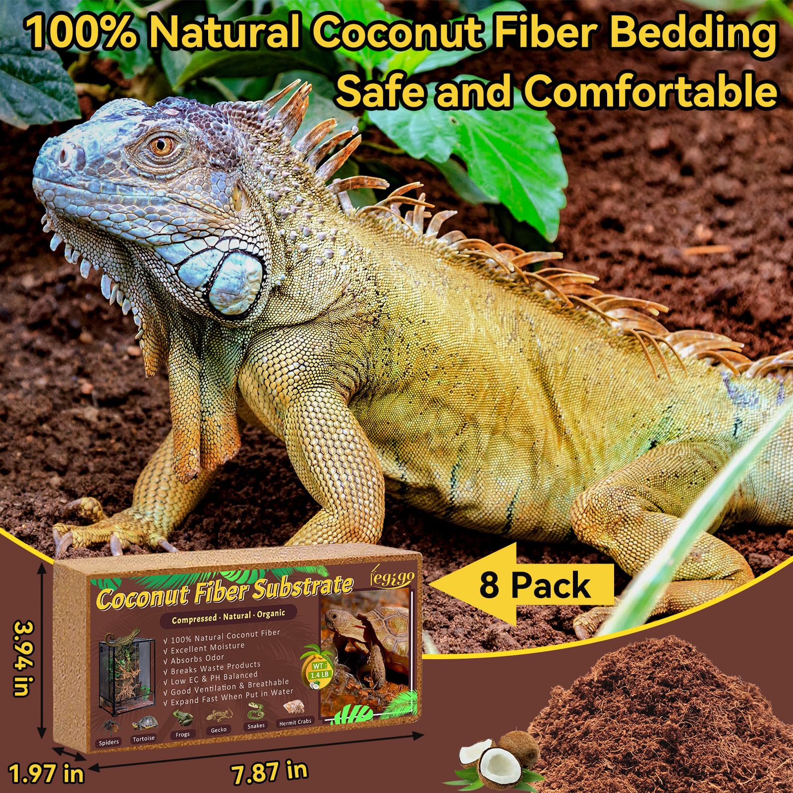 Legigo 8 Pack Compressed Coconut Fiber Substrate - 100% Organic Coconut Fiber Brick Bedding for Reptiles, Natural Coco Husk Subs