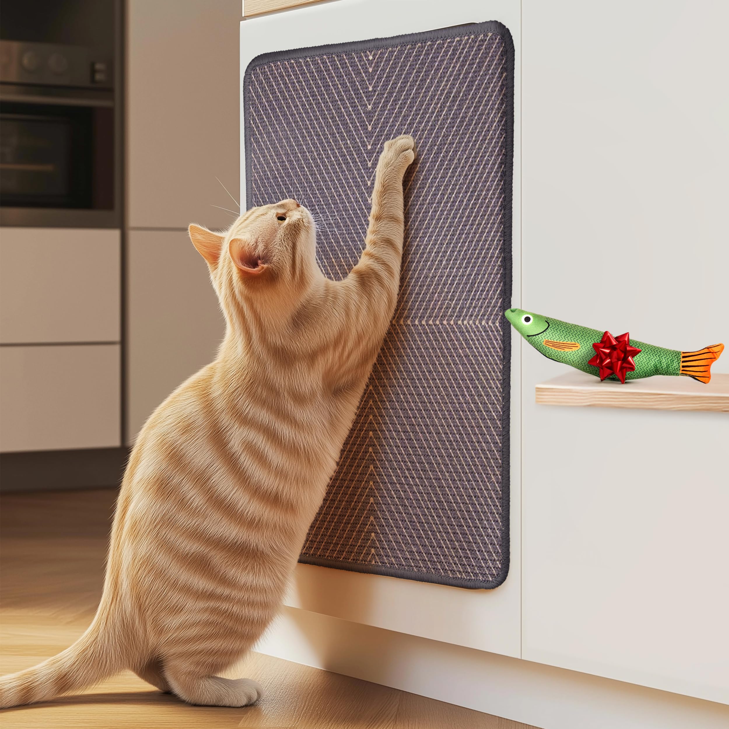 Evomotive Scratchable Sisal Cat Scratcher, [+ Catnip Fish Toy] Cat Wall Scratcher, Couch Protector From Cat Scratching, Sisal Ca