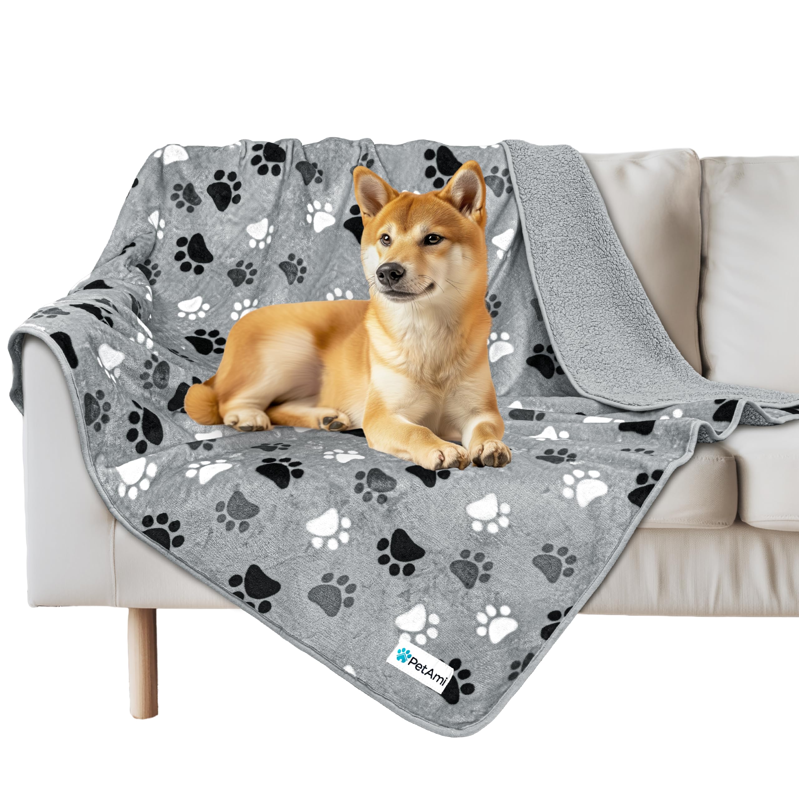 Petami Waterproof Dog Blanket For Medium Large Dogs, Pee Proof Pet Blanket For Bed Couch, Reversible Water Proof Blanket For Puppy Indoor Cat, Soft Dog Pee Crate Cover Washable, 60X80 Paw Gray