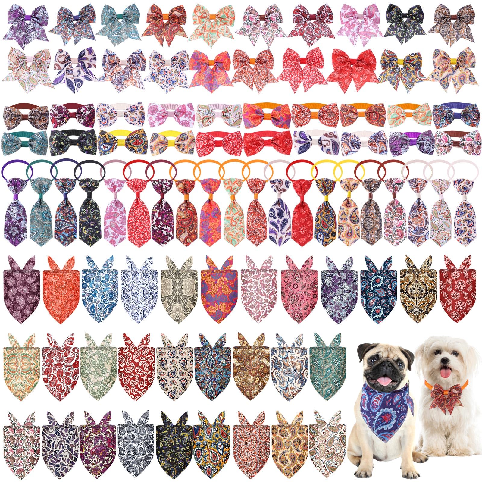 Reginary 120 Pcs Paisley Dog Bandanas Bulk Dog Bows Set Bow Ties Cat Scarf Colorful Washable Triangle Pet Kerchief Cute Bib for 