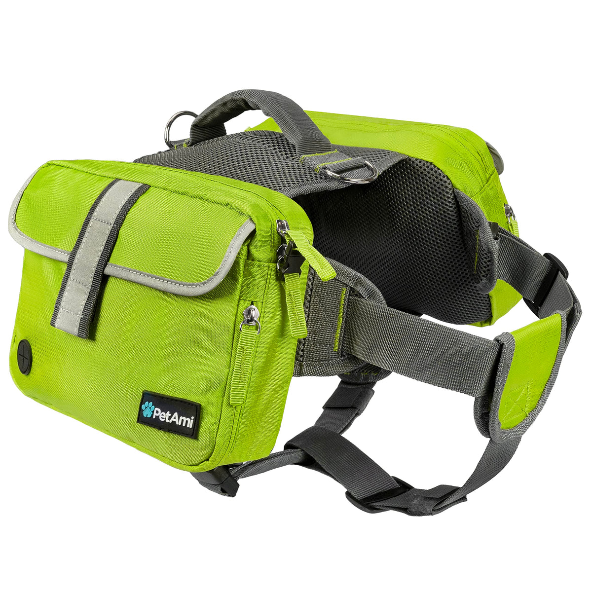 Petami Dog Backpack For Medium Large Dogs, Dog Saddle Bag For Dogs To Wear, Harness Saddlebag With Reflective Safety Side Pockets For Hiking, Camping, Vest Dog Pack For Travel (Green, Medium)