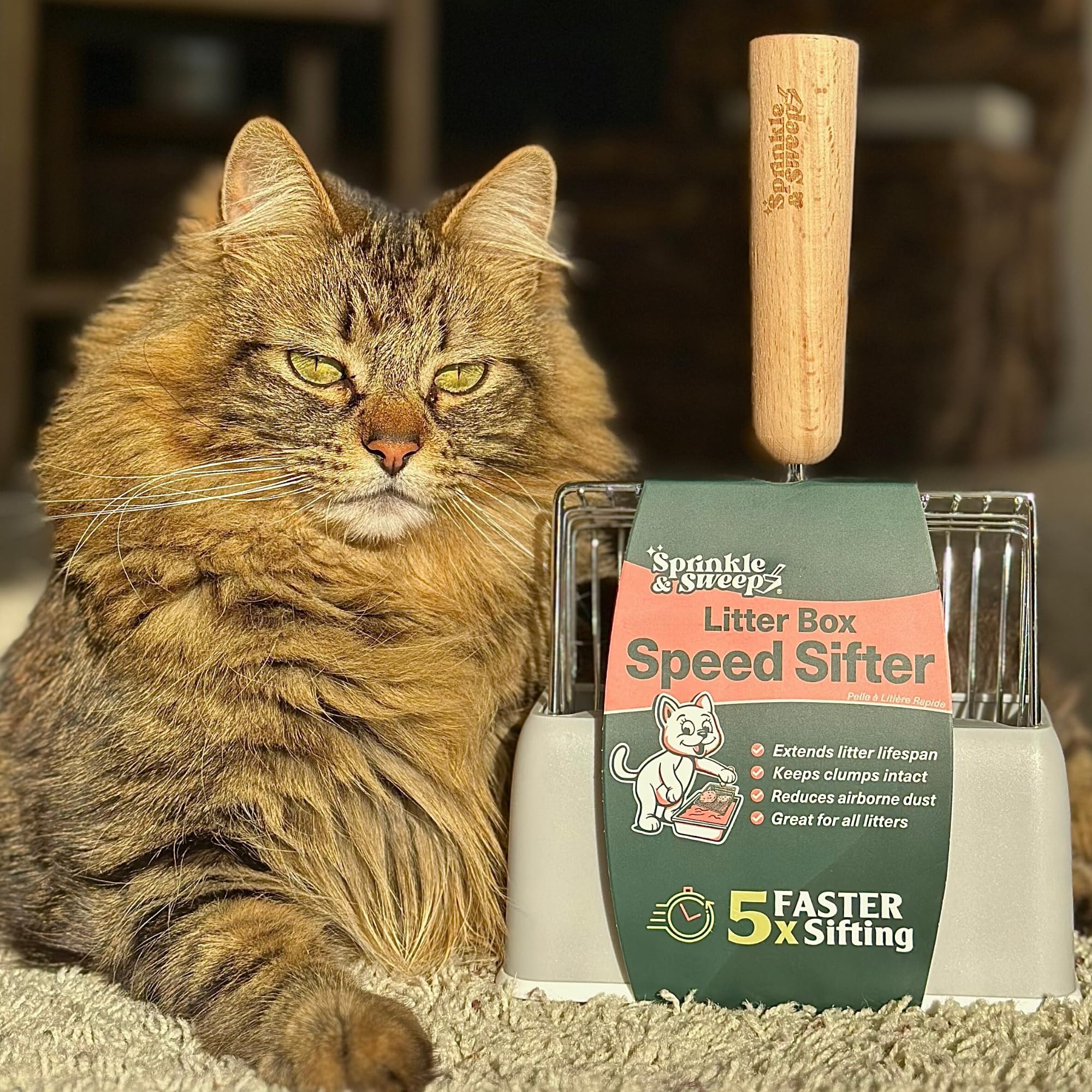 Sprinkle & Sweep Metal Cat Litter Scoop - Heavy Duty Litter Scooper & Speed Sifter With Comfortable Beech Wood Grip - Washable Convenient Stand For Easy And Efficient Cleaning