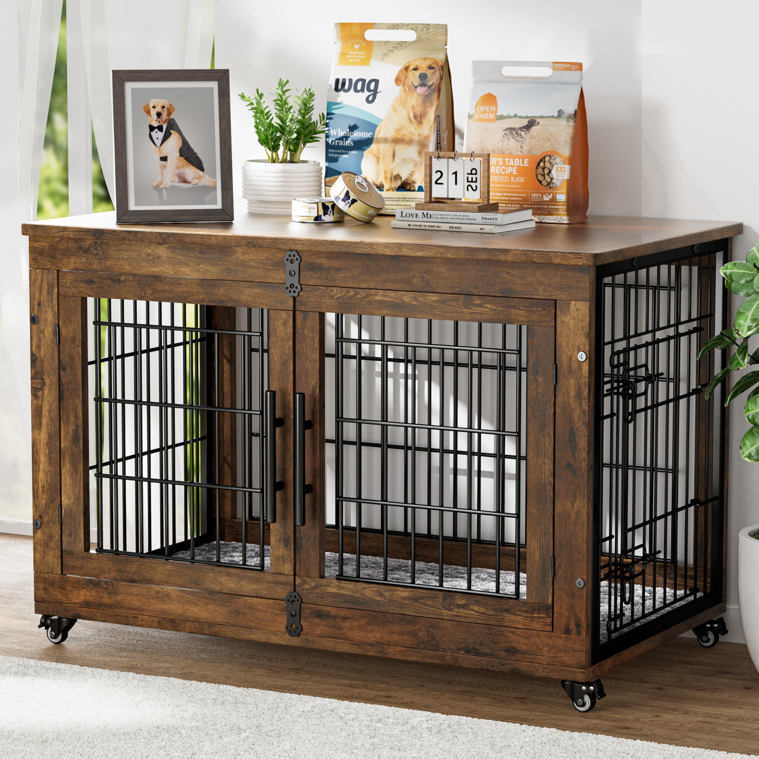 Dog Crate Furniture with Cushion, Large Wooden Dog Kennel Indoor with Double Doors, Dog Cage with Wheels, Dog House Side End Tab