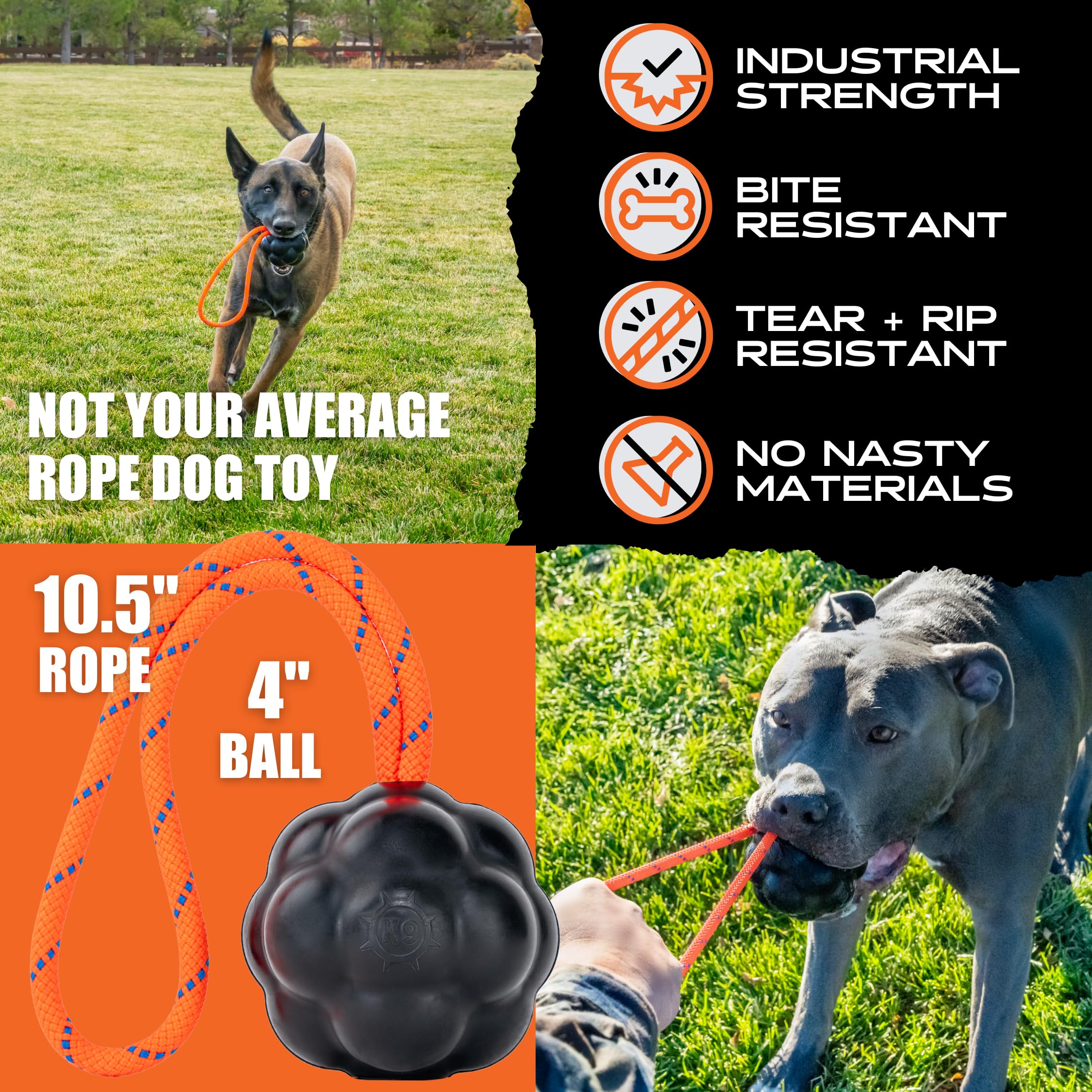Monster K9 Xl Dog Ball - Lifetime Replacement - Medium & Large Breeds - Aggressive Chewers - Chew, Tug, & Fetch Dog Toy - Made I
