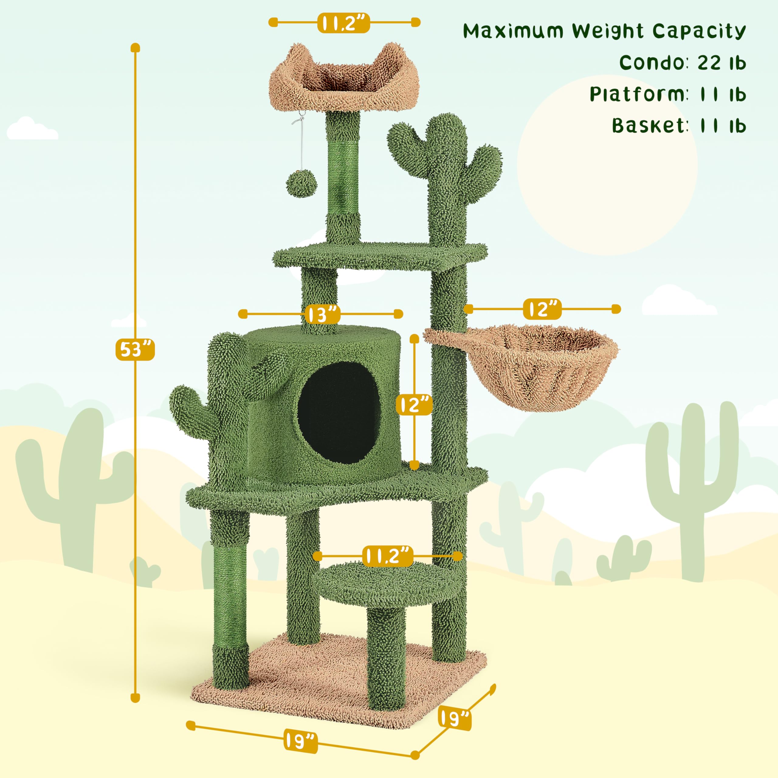 Yaheetech Cactus Cat Tree, 53.5In Cat Tower For Indoor Cats With Sisal Covered Scratching Post, Condo, Plush Perches And Fluffy