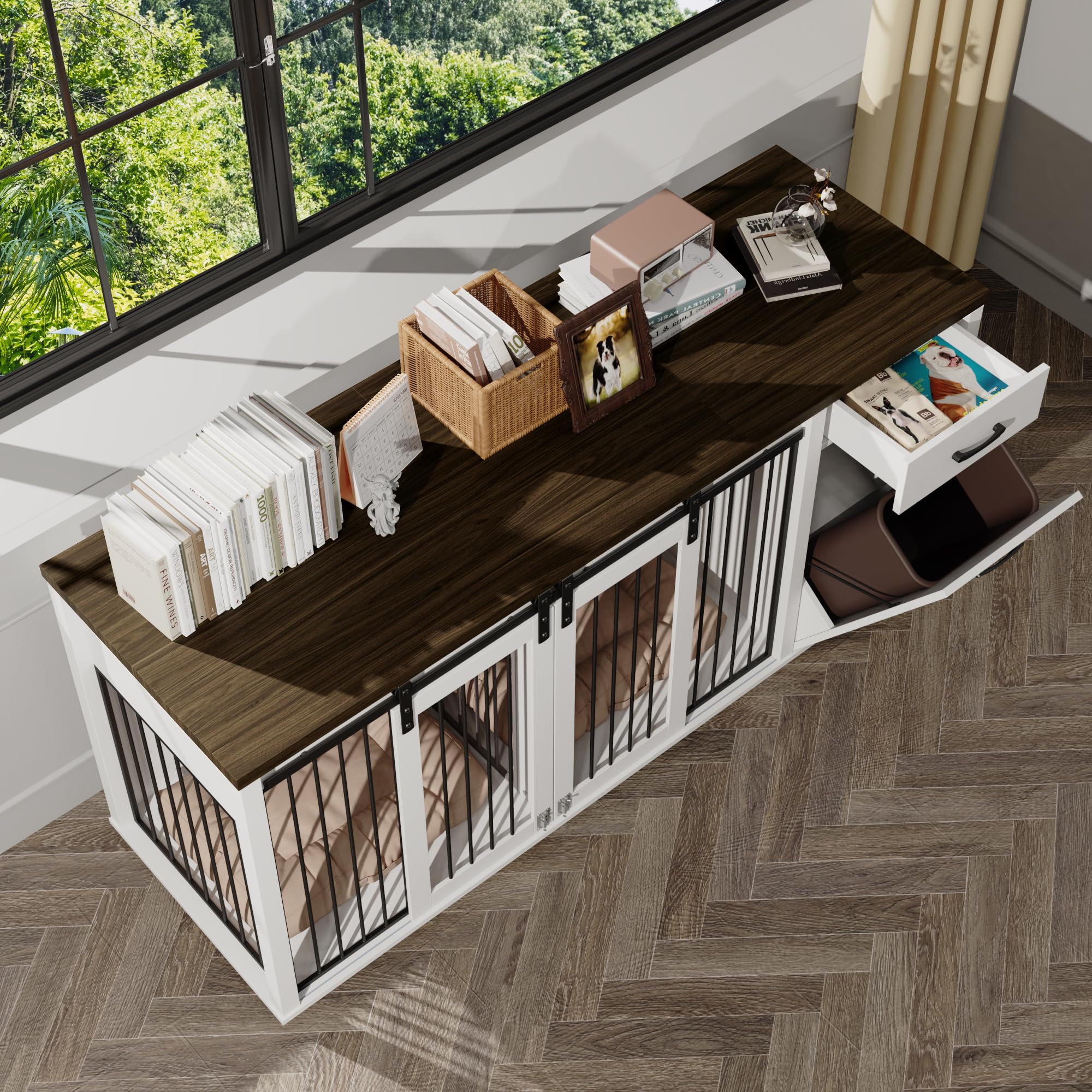 KIGOTY Furniture Style Dog Crate with Storage, 71 Inch Double Dog Crate for 2 Dogs, Wooden Large Dog Kennel with Drawers,Tilt Ou