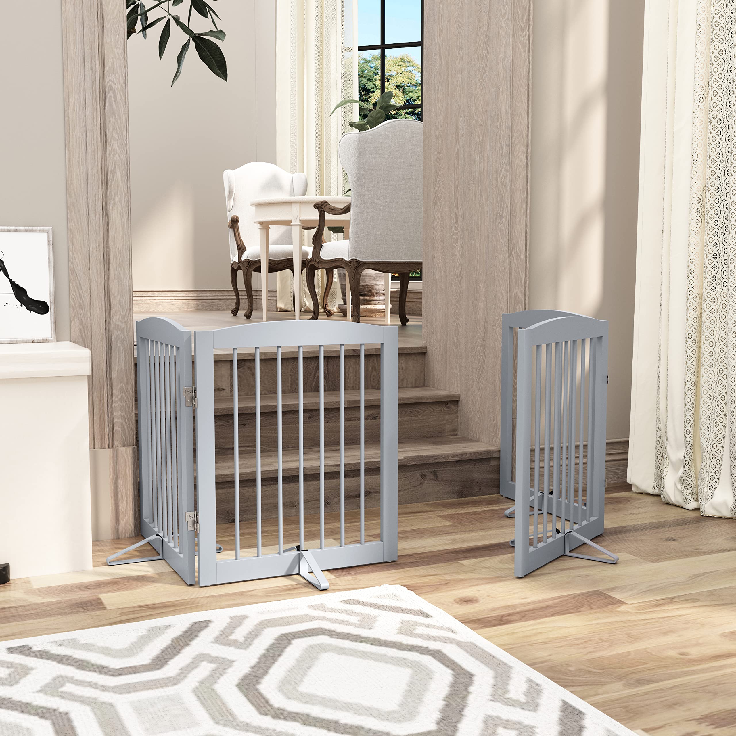 Pupetpo Freestanding Pet Gate For Dogs, Foldable Wooden Dog Gate For House, Indoor Dog Gate For Stairs, Doorways, Step Over Pet Puppy Safety Fence, Support Feet Included, 24' Height 2 Panels, Grey