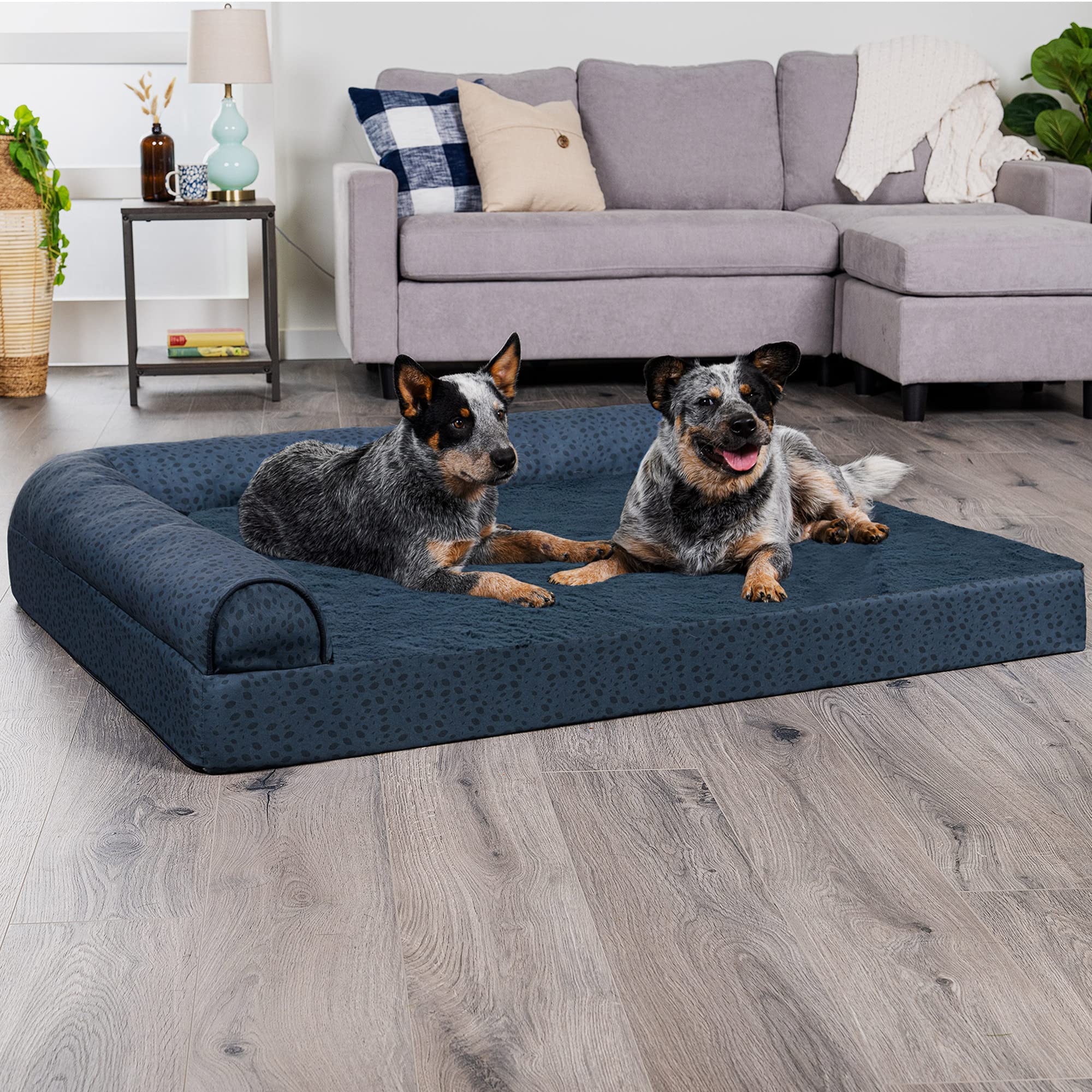 Furhaven Cooling Gel Dog Bed For Large Dogs W/ Removable Bolsters & Washable Cover, For Dogs Up To 125 Lbs - Plush & Almond Prin