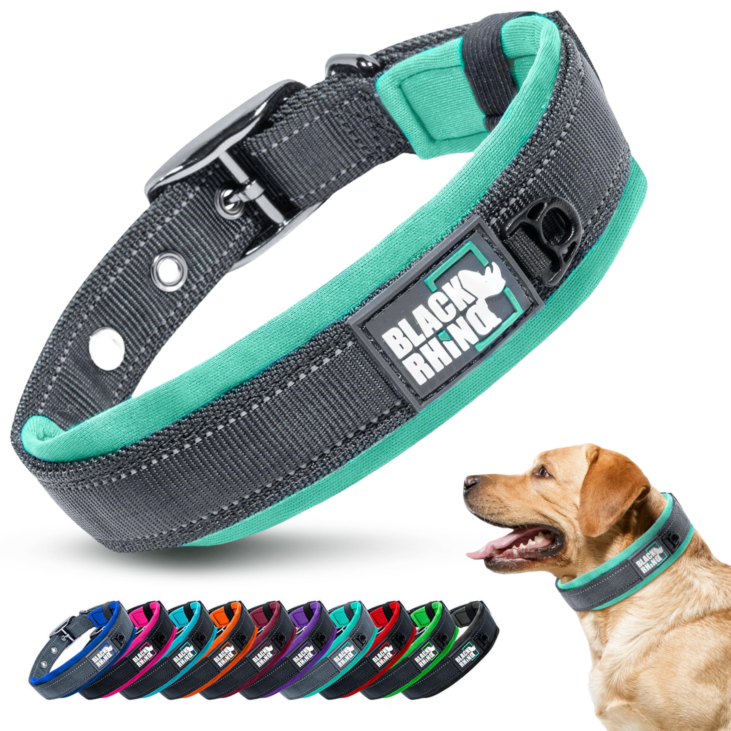 Black Rhino Comfort Collar - Ultra Soft Neoprene Padded Dog Collar for Large Dogs, Heavy Duty, Adjustable, Reflective, Weatherproof, Blue/Grey