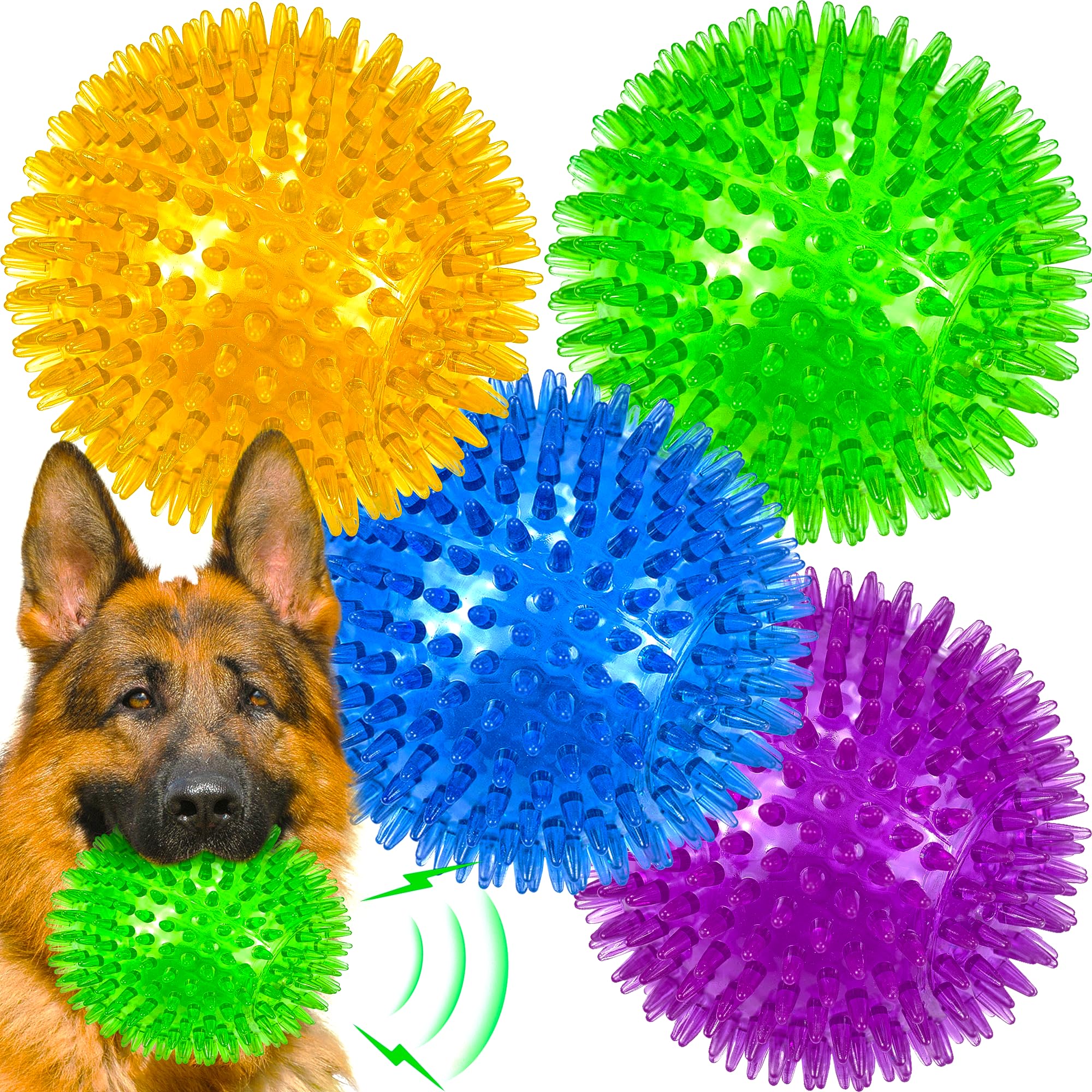 LECHONG 4-Pack Large Squeaky Dog Balls, 4.5 '' for Medium and Aggressive Chewers, Rubber Spiky Chew Toy for Teeth Cleaning, Trai