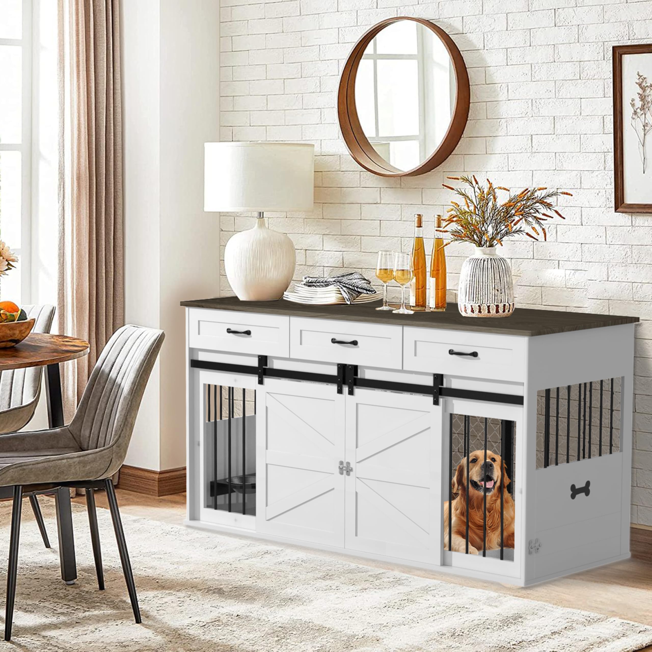 RQZ 65 Double Dog Crate Furniture for 2 Dogs Heavy Duty Wood Dog Cage Table with 3 Storage Drawers and 4 Stainless Steel Bowls D