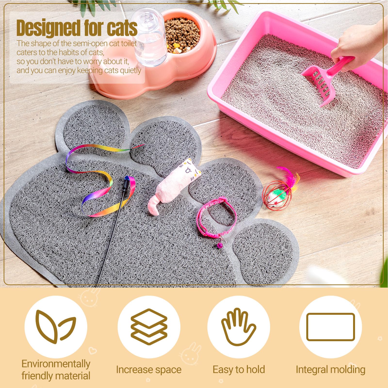 7 Pcs Small Cat Kitten Starter Kit - Litter Box, Paw Mat, Double Bowls, Toy Teaser Stick, Collar - Essentials Kit for 1-3 Lbs Be