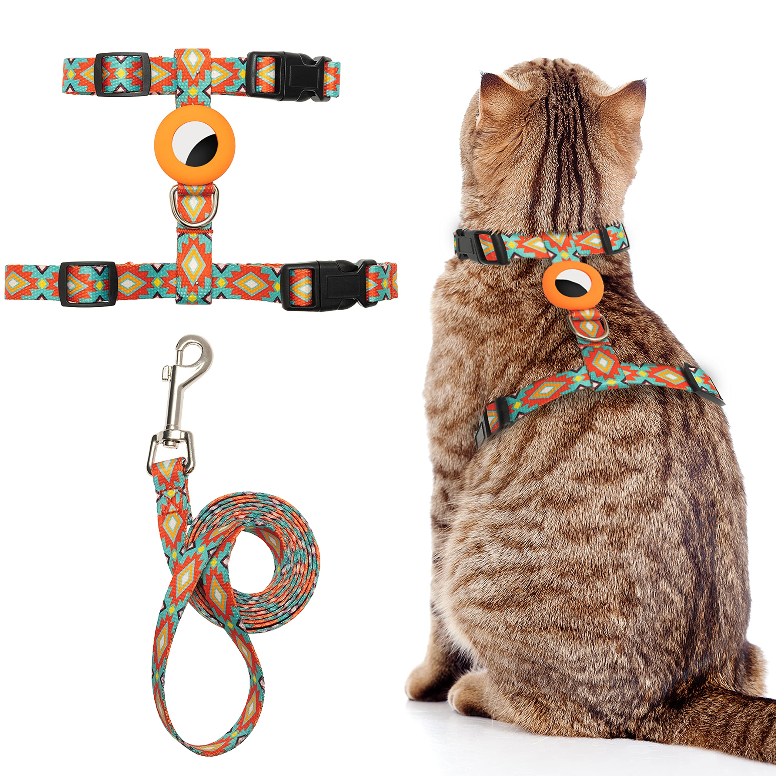 Cat Harness And Leash Escape Proof For Walking Travel Outdoor - Soft Nylon Adjustable Cute Cat Harness Leash Set With Airtag Holder For Small Large Cats