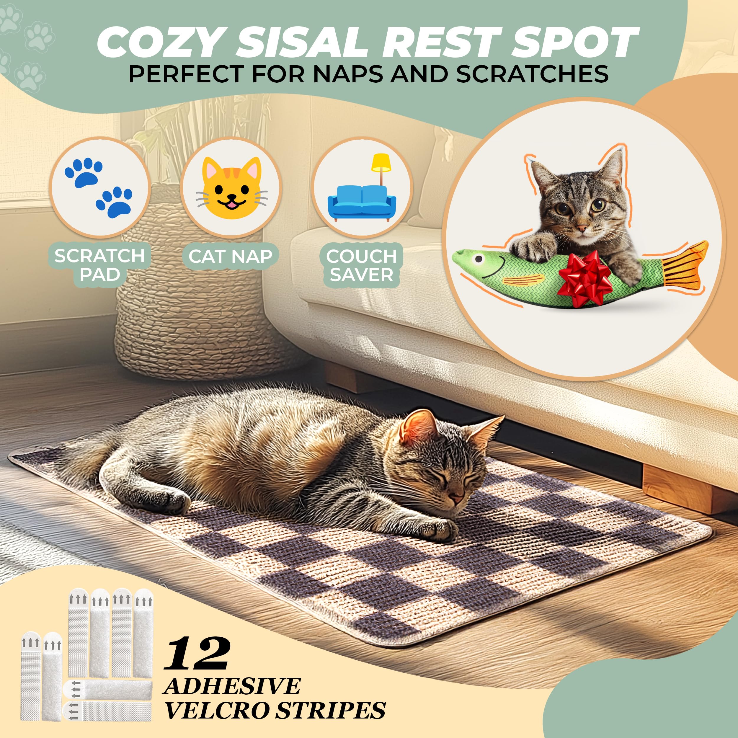 Sisal Cat Scratcher, [+ Catnip Fish Toy], Cat Wall Scratcher, Couch Protector From Cat Scratching, 24 X 15.8 With 12 Adhesive Ve