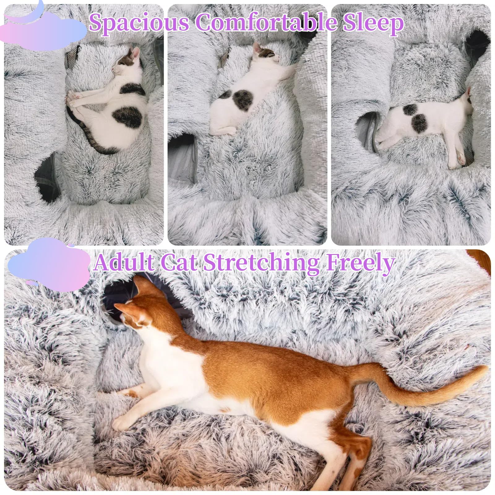 XxingSheep 4 Cave Shuttled XL Cat Tunnel Bed for Indoor Cats Peekaboo Toy Donut with Warm Mat