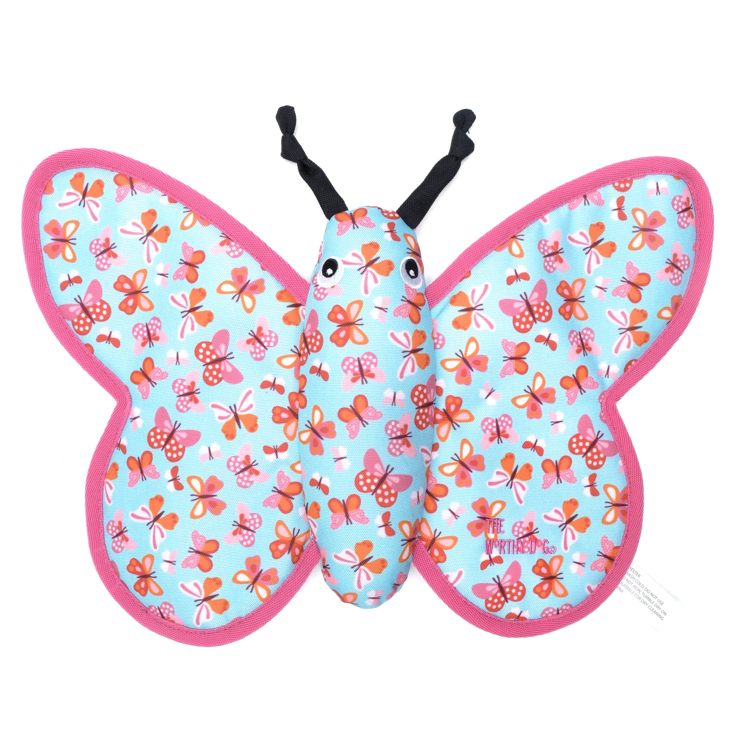 The Worthy Dog Butterfly Chew Toy Blue/Pink, Fun Fetch Play With Squeaker For Dogs Durable Material For Aggressive Chewers-Large