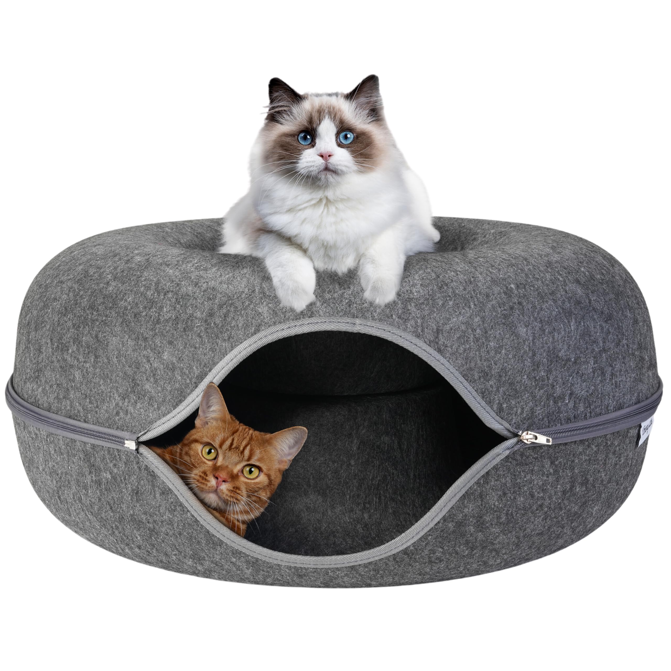 Emory Lane - Premium Cat Cave, Multifunctional Donut Tunnel Bed, Round Felt Cave With Zipper, For Pets Up To 40 Lbs (24X24X11 In