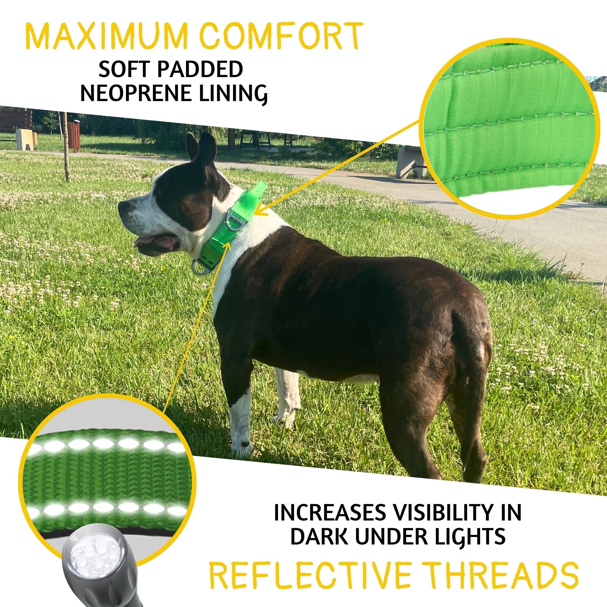 Adityna Heavy Duty Dog Collar For Extra-Large Dogs - Reflective Green Collar With Handle For Training, And Walking - Wide, Thick