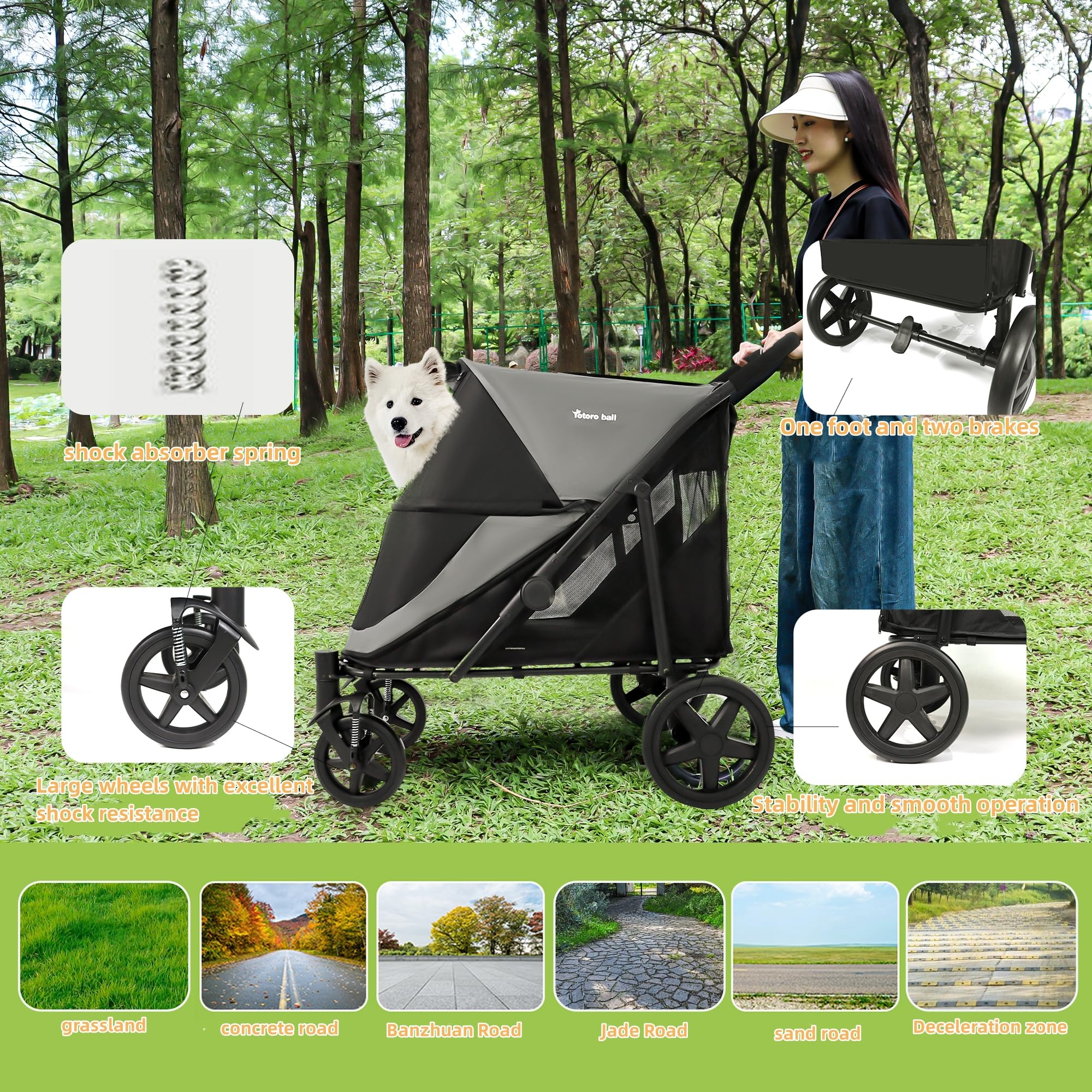 Dog Stroller For Medium/Large Dogs One-Click Folding 4 Wheel Pet Stroller Foldable Dog Stroller For 2 Dogs Jogger Stroller With