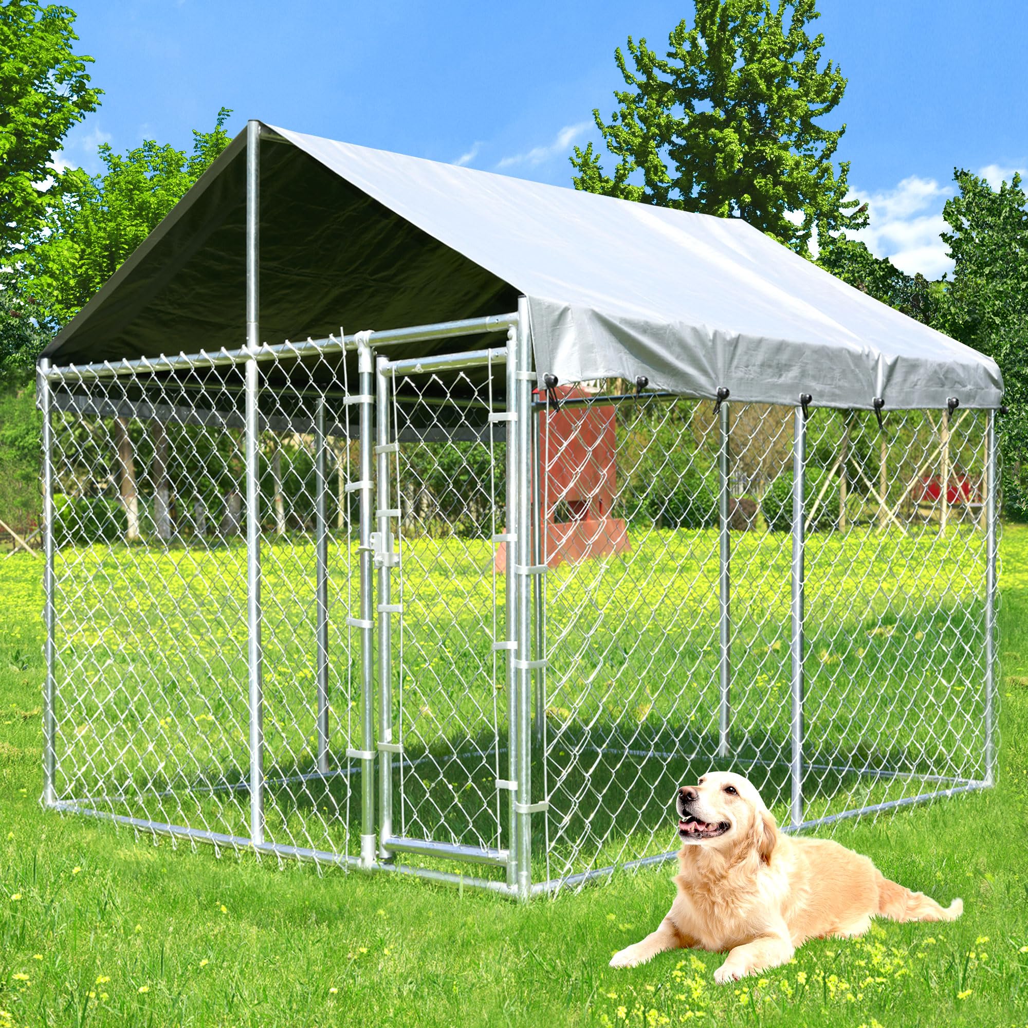 10'X10'X6.56' Large Outdoor Dog Kennel With Roof, Heavy Duty Outside Dog Run Enclosure Dog Pen House Pet Playpen With Galvanized