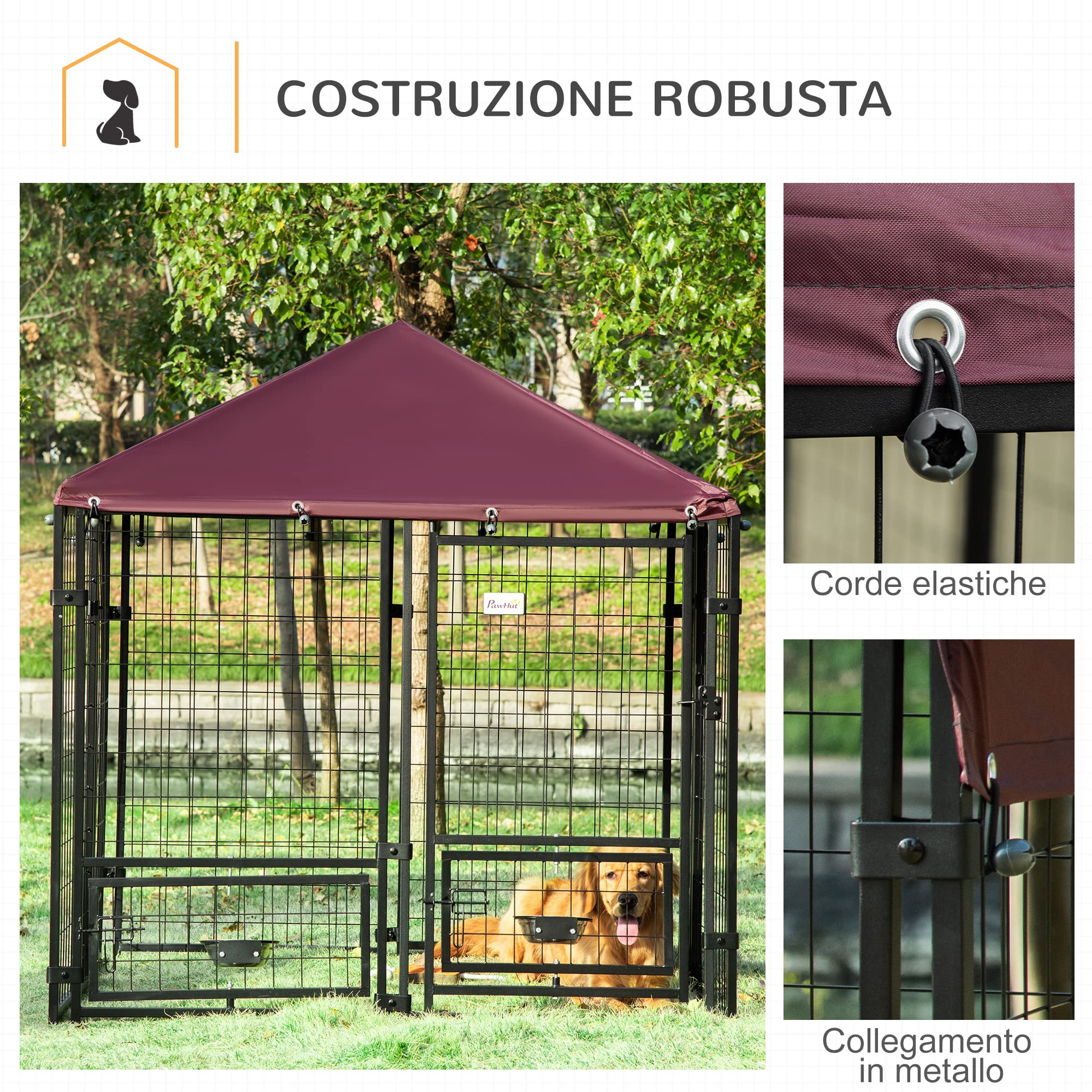 Pawhut Outdoor Dog Fence, Steel Pet Box With Lock, 2 Swivel Bowls And Oxford Fabric Cover, Kennel Black And Red
