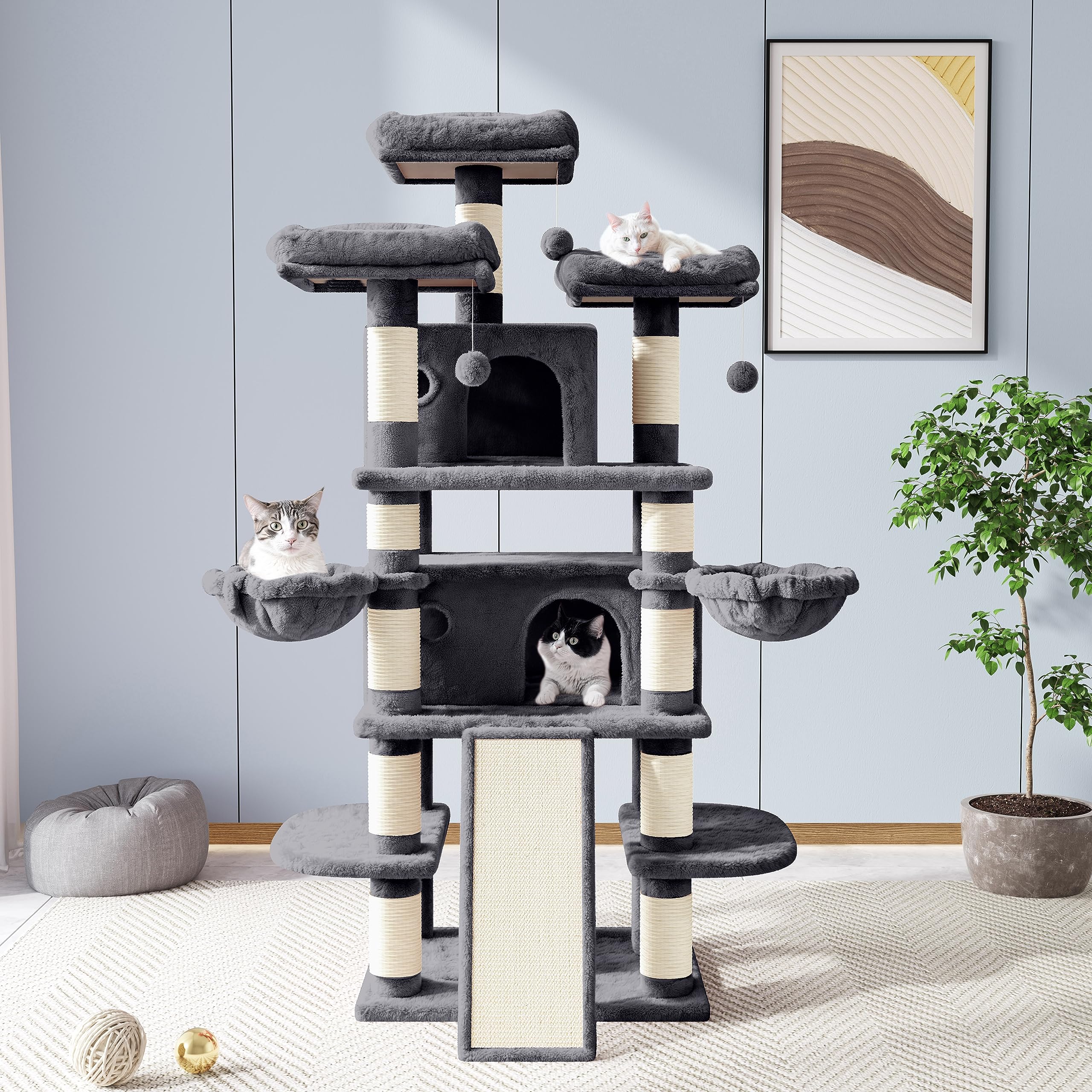 Allewie 68 Inches Cat Tree/House And Towers For Big Feline/Scratching Post/Multi-Level Large Kitty Climbing Tree With Condo/Smok