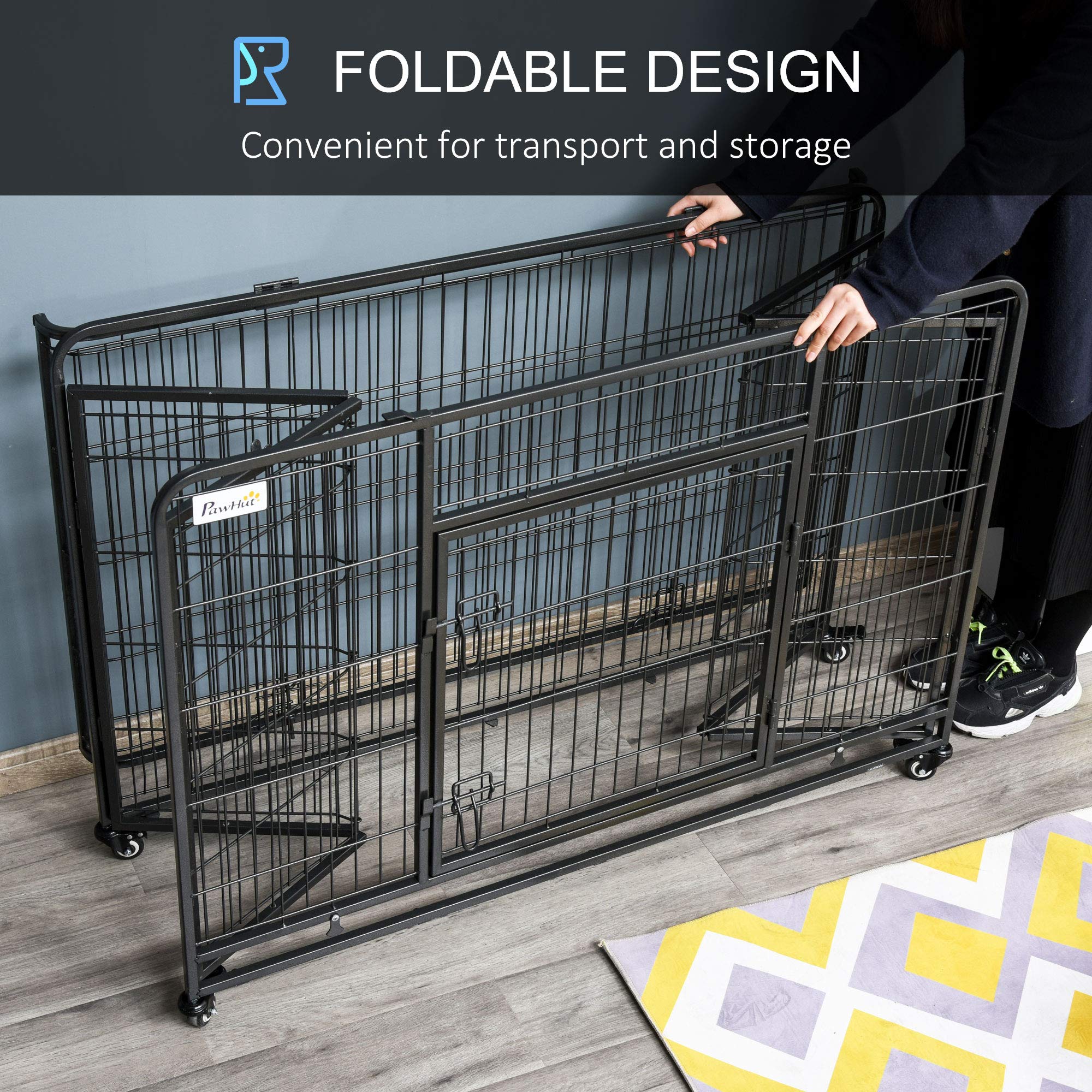Pawhut Metal Dog Cage Kennel Locking Door & Wheels Removable Tray Openable Top For Extra Large Pets 125 X 76 X 81 Cm