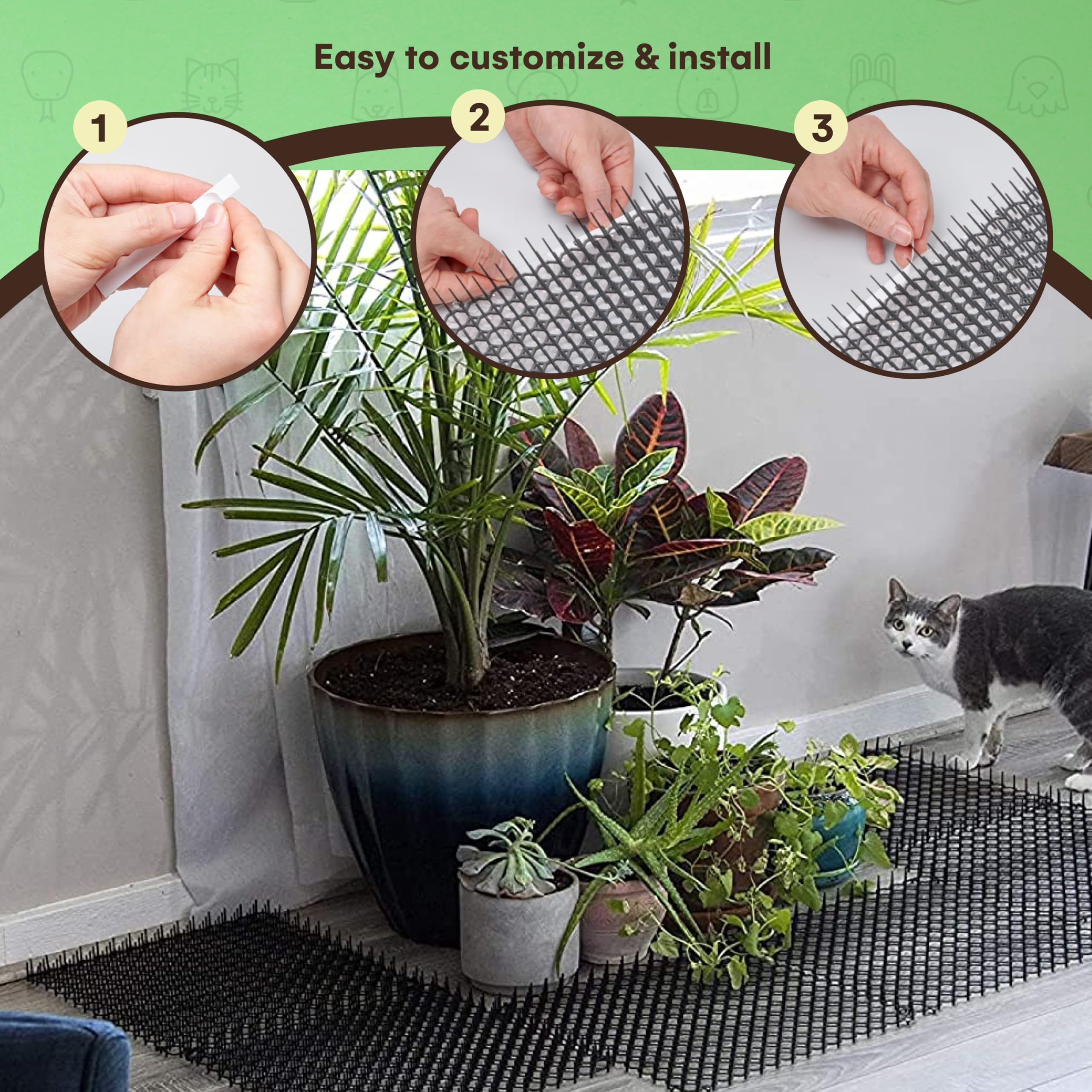 Homarden Cat Scat Mat 10-Piece Set - 16x13in Anti-Dig Spike Mat for Indoor/Outdoor Use - Black Cat Barrier Solution