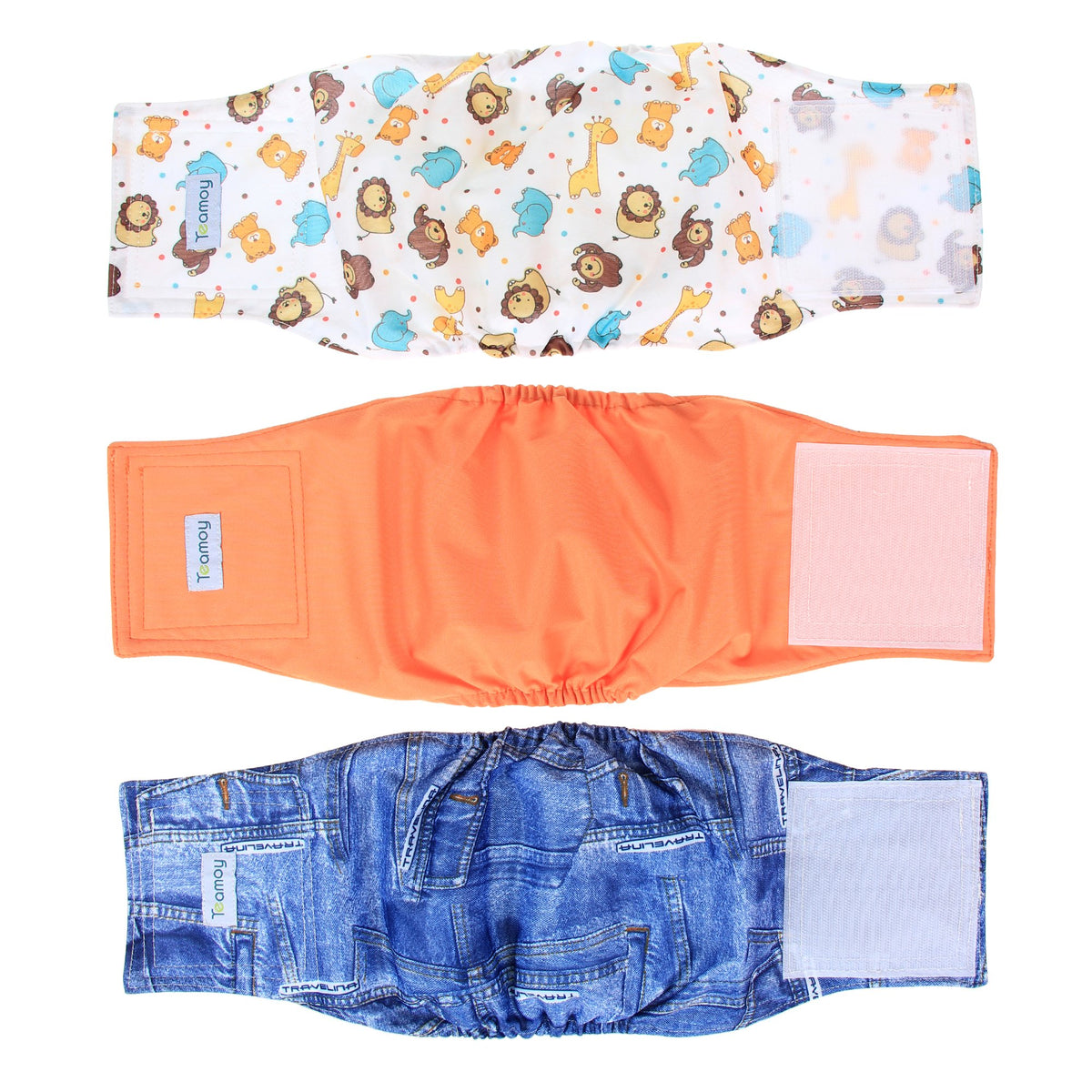 Teamoy Reusable Wrap Diapers For Male Dogs, Washable Puppy Belly Band Pack Of 3 (M, 13'-16' Waist, Orange+ Denim+ Fat Smile)