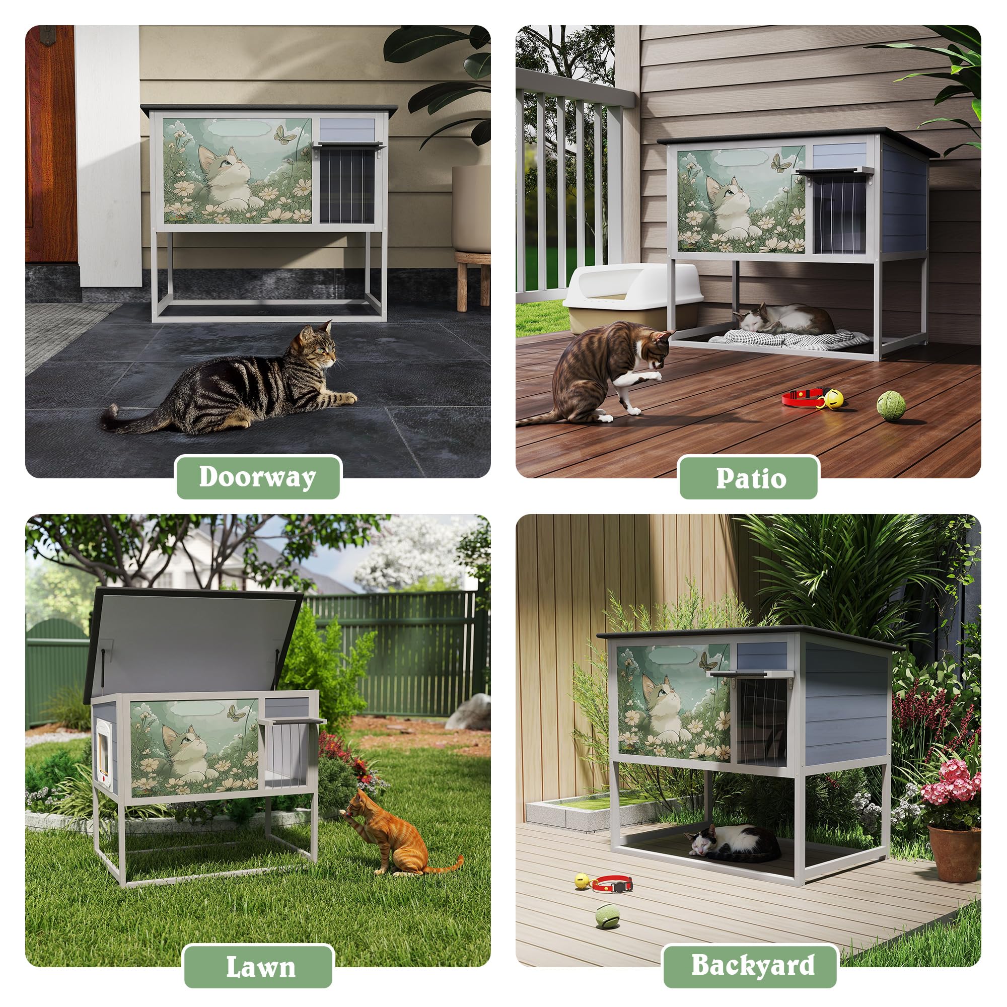 Outdoor Cat House Raised Wood Cat Enclosure With Openable Roof, Curtained Door, Escape Door, Weatherproof Pet Condo For Feral Ca