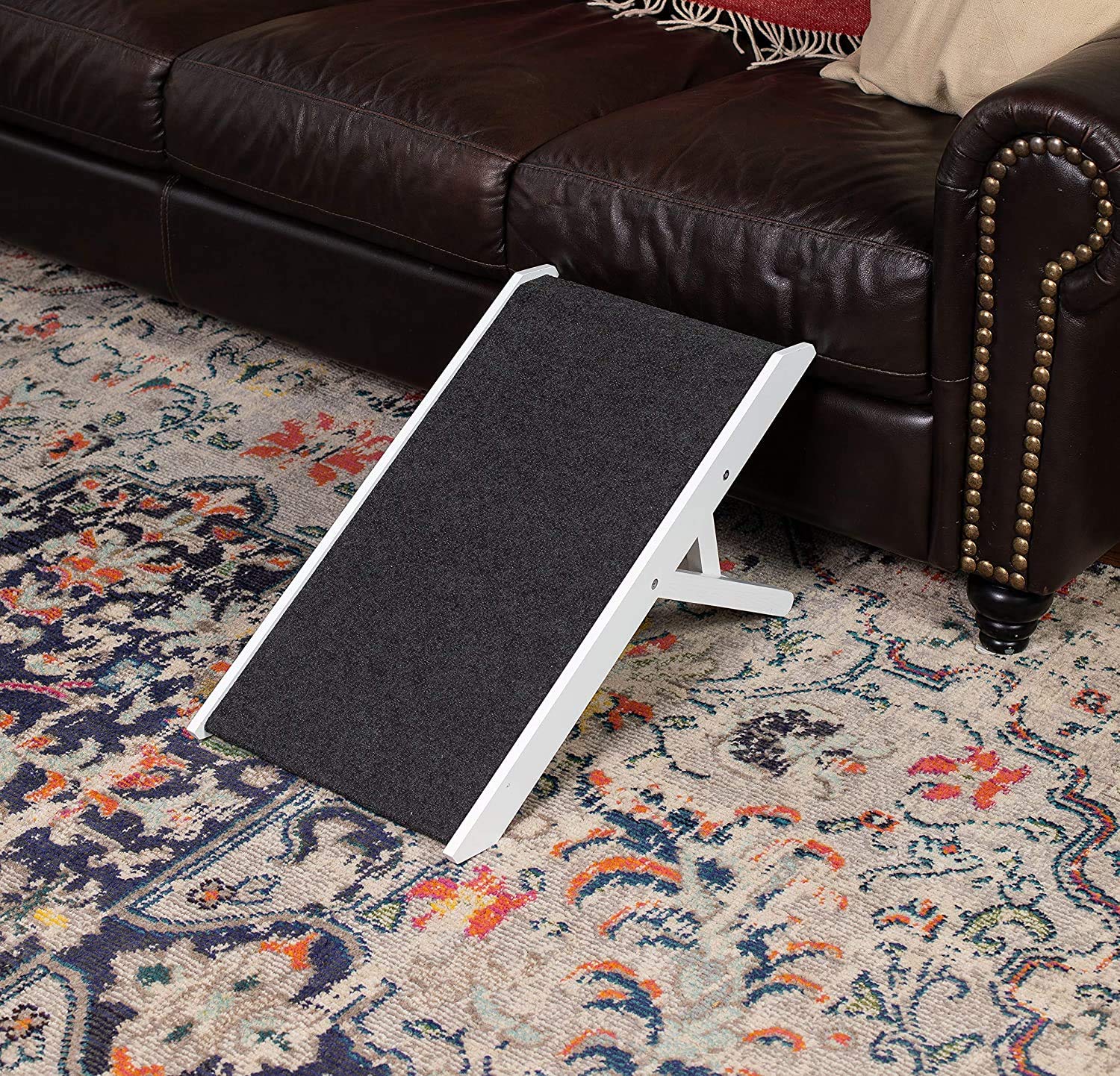 Birdrock Home Adjustable Dog Ramp For Low Beds Or Couches - Small Dogs Or Cats Only - Decorative Wooden Folding Doggie Ramps - Paw Friendly Grip Carpet - White 13'