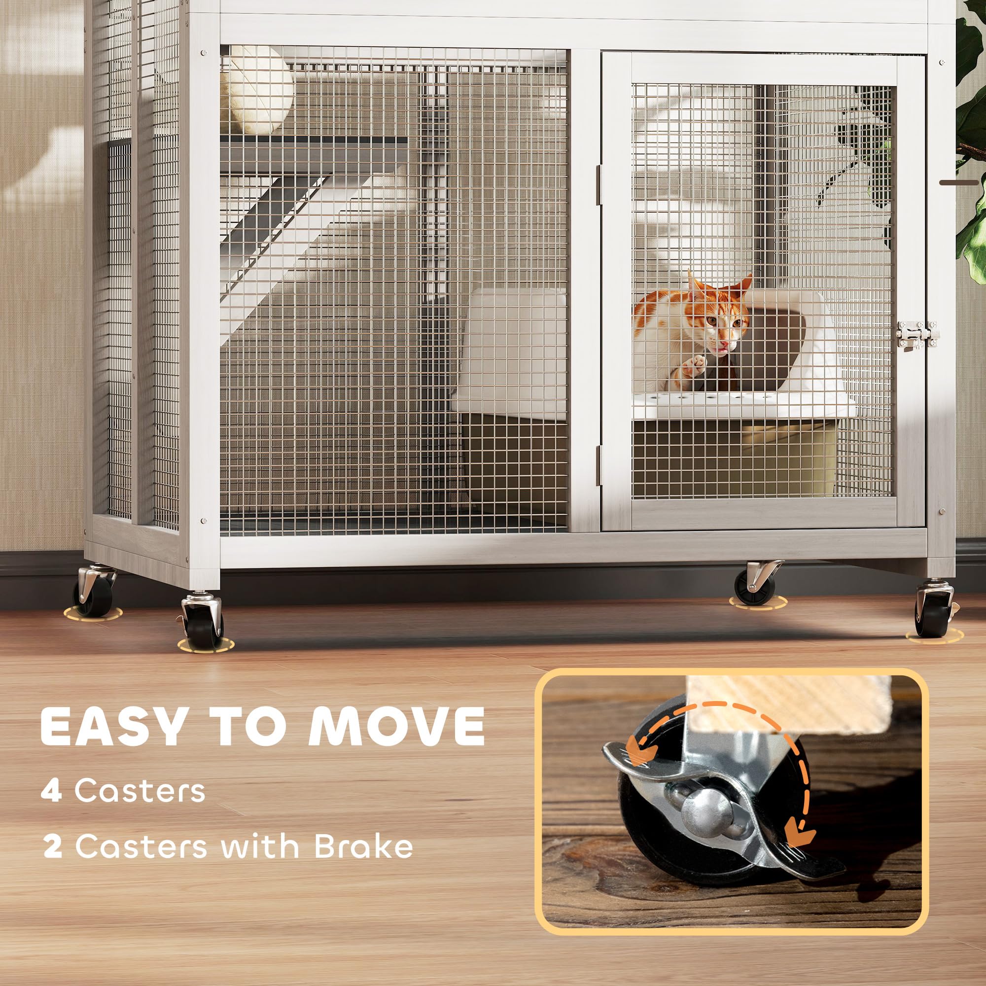 PawHut 74 Wooden Catio Outdoor Cat House Weatherproof & Wheeled, Outside Cat Enclosure with High Weight Capacity, Kitten Cage Co