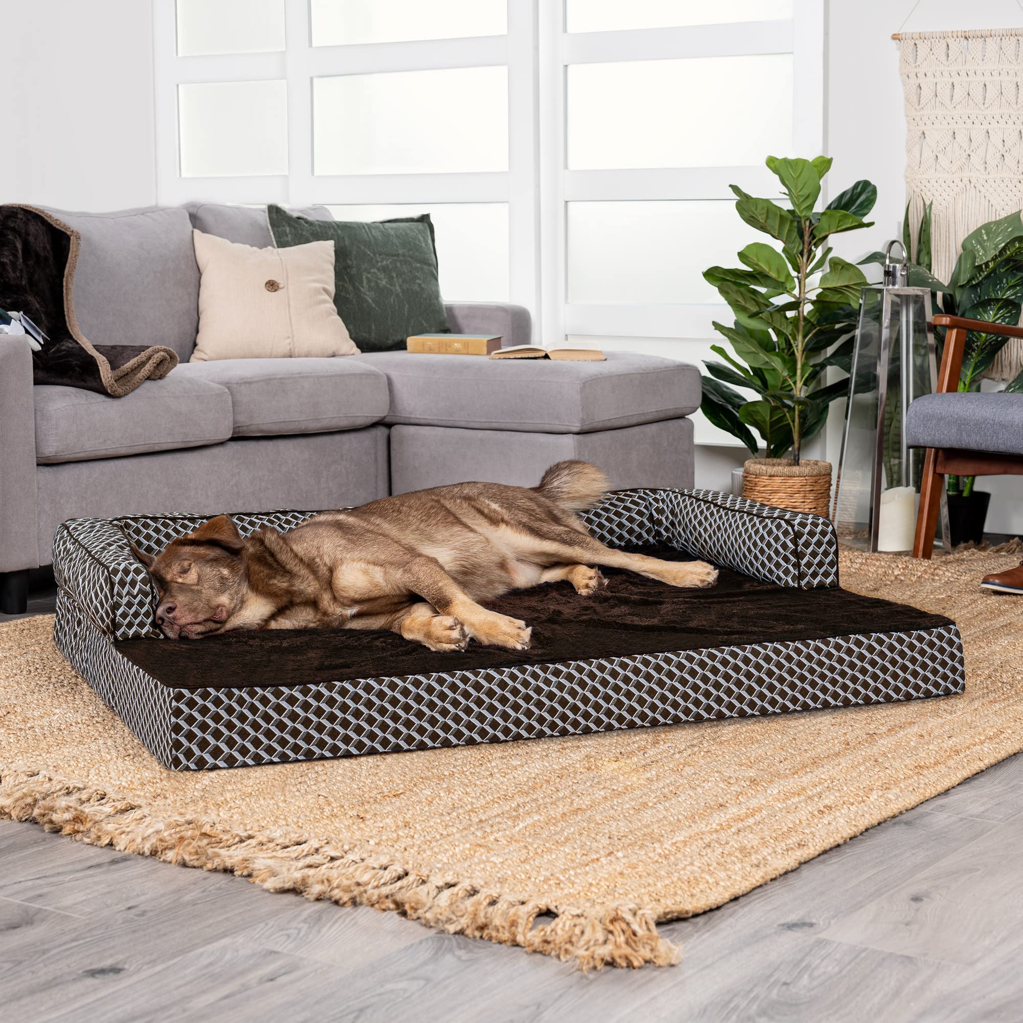 Furhaven Orthopedic Dog Bed for Large Dogs w/ Removable Bolsters & Washable Cover, For Dogs Up to 125 lbs - Plush & Woven Decor