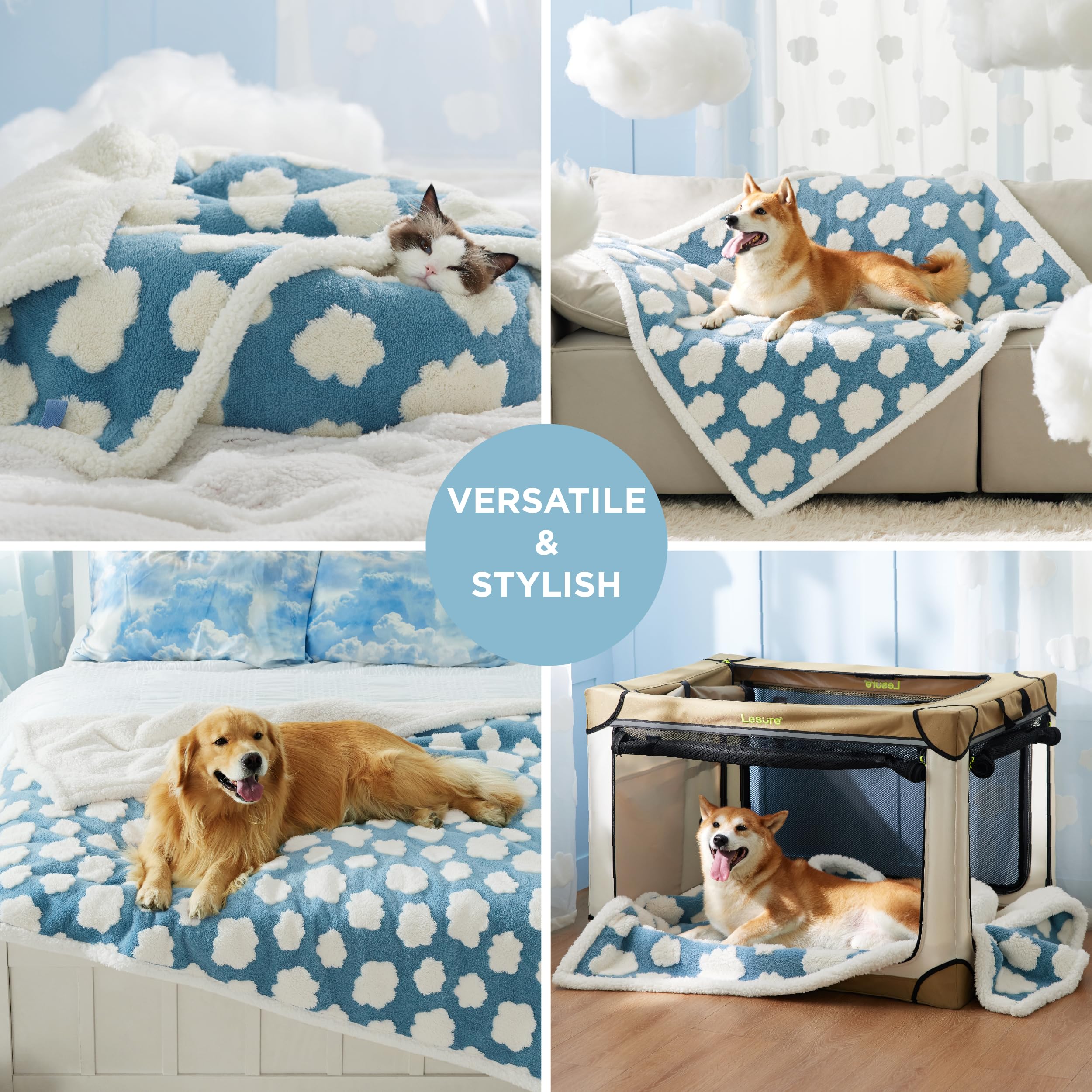 LE SURE Waterproof Dog Blanket - Washable Sherpa Fleece & Jacquard, Medium (30x40"), Blue
