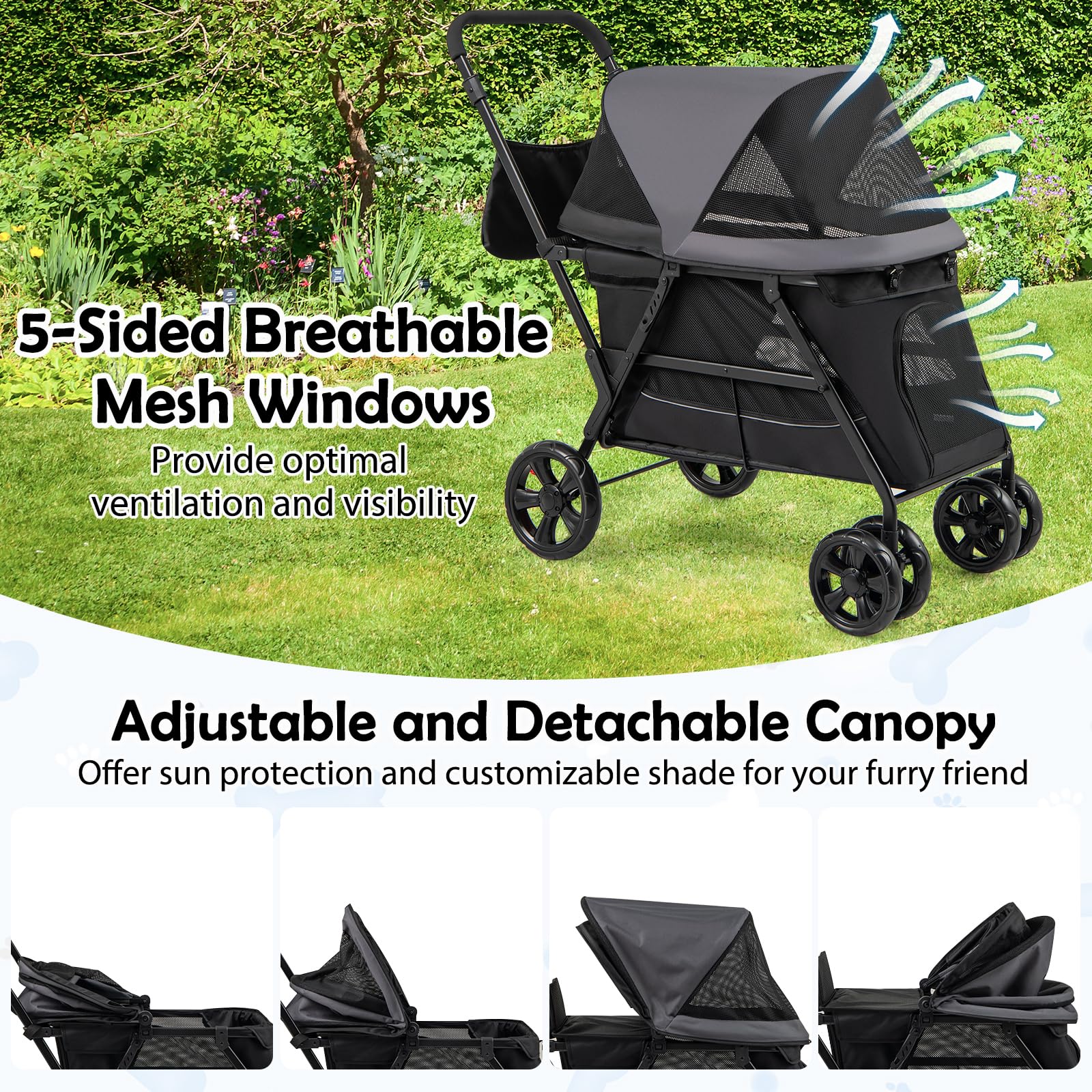 Giantex Dog Stroller With Low Entry & Ramp Access, Cat Stroller With Lockable & Shock-Absorbing All-Terrain Wheels, Folding Pet