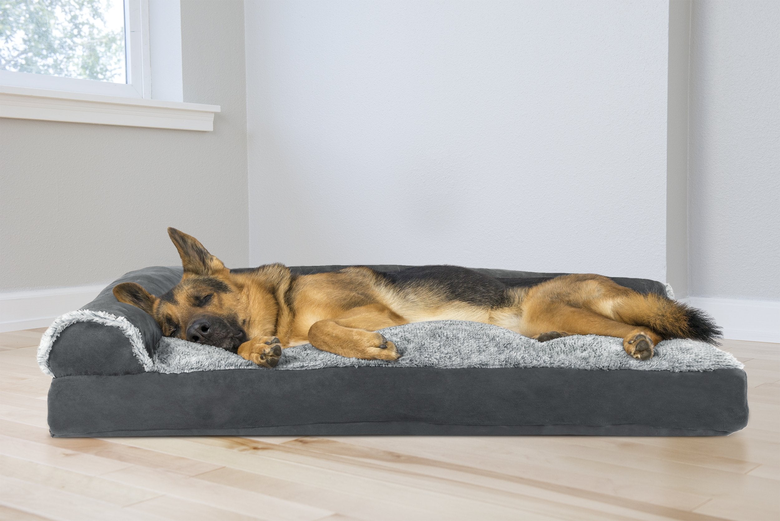 Furhaven Pillow Dog Bed for Large Dogs w/ Removable Bolsters & Washable Cover - Two-Tone Plush Faux Fur & Suede L Shaped Chaise