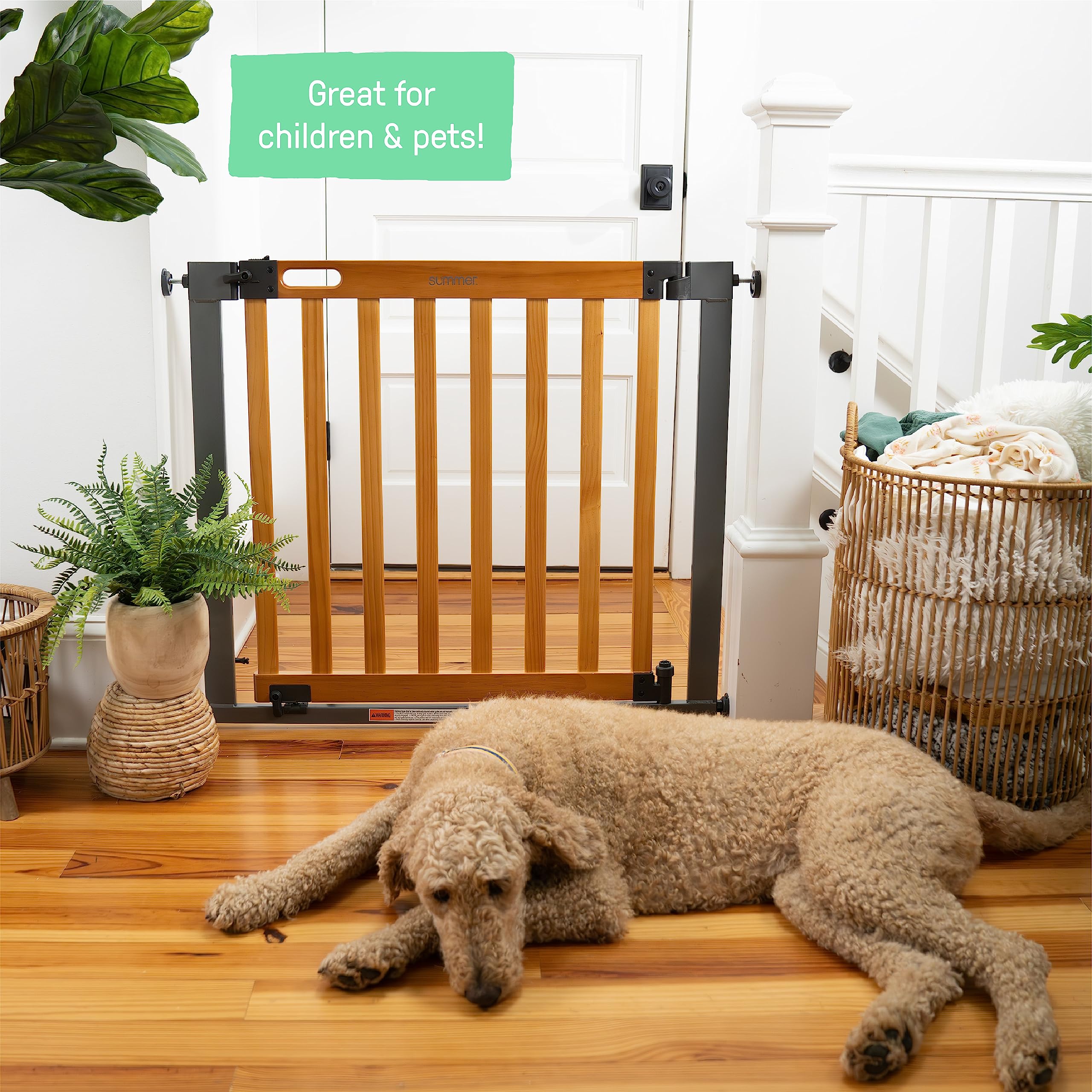 Summer Infant West End Extra Wide Safety Pet And Baby Gate, 36'-60' Wide, 30' Tall, Pressure Or Hardware Mounted, Install Wall To Wall In Doorway, Auto Close Walk-Thru Door - Oak Wood And Metal