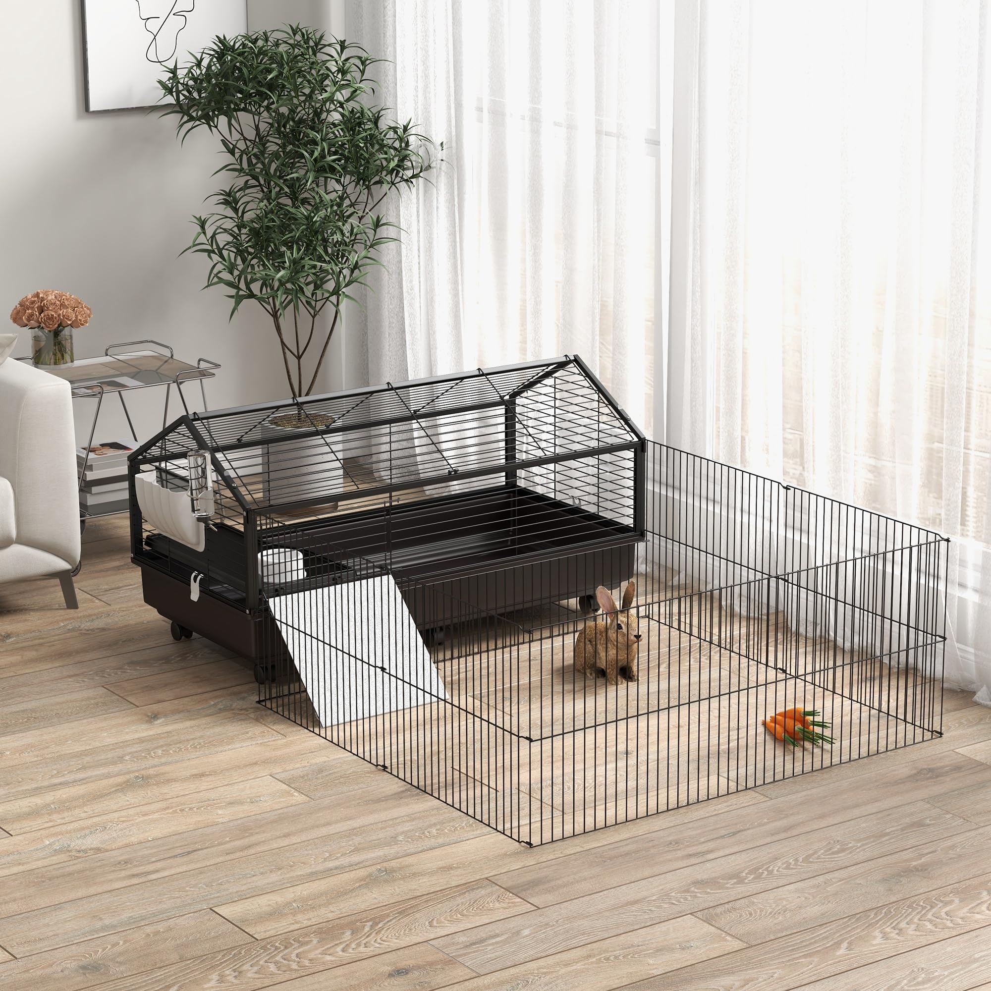 Pawhut Small Animal Cage With Foldable Run Area, Rolling Bunny Cage, Guinea Pig Cage, Hedgehog Cage With Water Bottle, Water Bowl, And Ramps, 46.5'